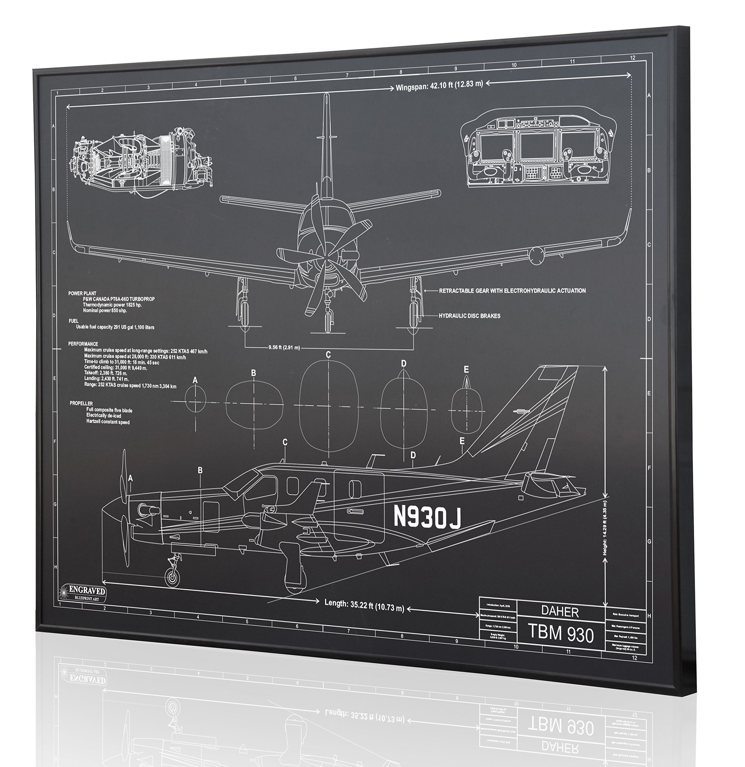 DAHR TBM-930 Blueprint Artwork - Laser Engraved & Customizable Aviation Wall Decor - Perfect Pilot Gift for Home Office, Man Cave & Flight School