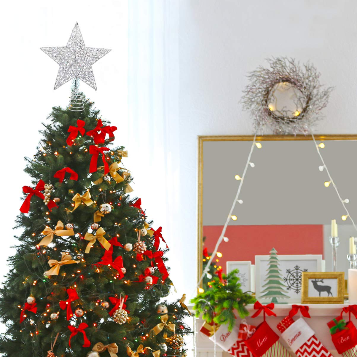 Christmas Tree Star Topper with LED Lights - Glittered Xmas Tree Top Decor for Holiday Home Party (Silver) | Perfect for Christmas Tree Decorations & Festive Indoor Lighting
