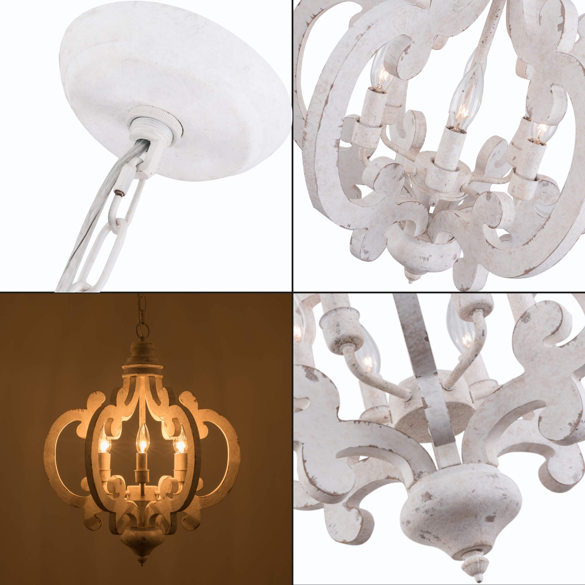 Rustic Farmhouse Chandelier - 6-Light White Wood Pendant Light with Adjustable Chain for Dining Room, Living Room, Entryway - Perfect for Country Style Home Decor & Cozy Gatherings
