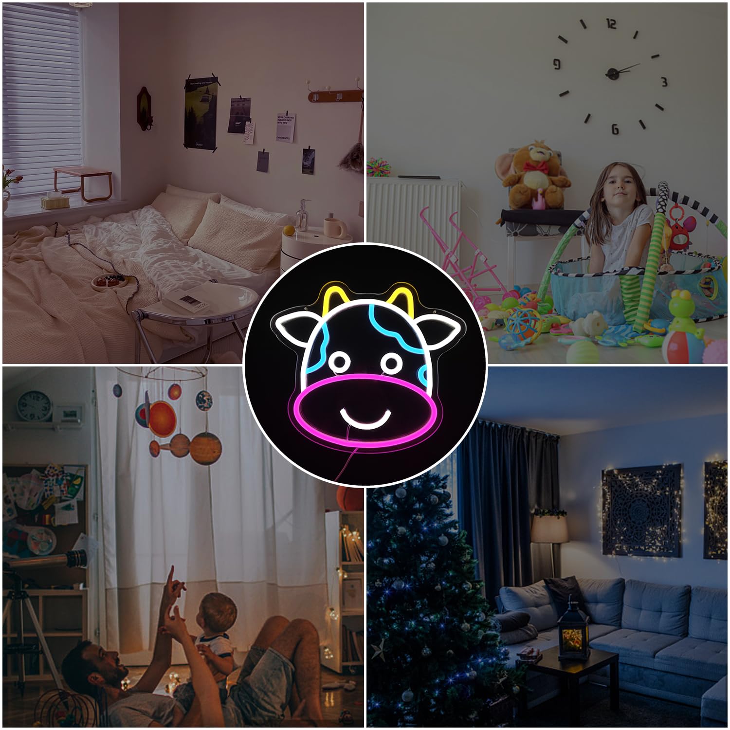Cute Cow Neon LED Sign - Dimmable Wall Decor for Kids Room & Bedroom - USB Powered Animal Night Light Gift for Boys & Girls - Perfect for Birthday Parties, Nursery Decor, and Themed Room Lighting