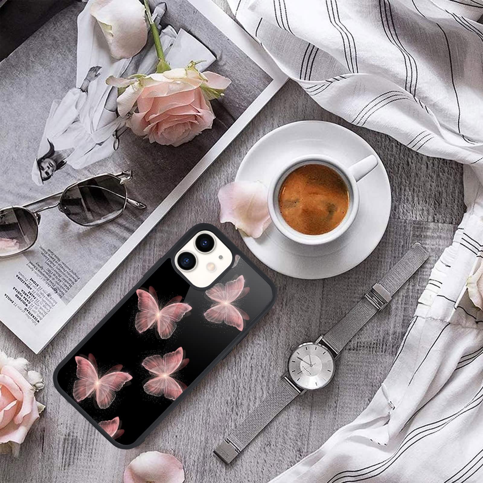 MAYCARI iPhone 12 Pro Max Case with Butterfly Design - Hard Back & Soft TPU Bumper Protective Cover for Women | Stylish Phone Case for Everyday Use, Work & Travel