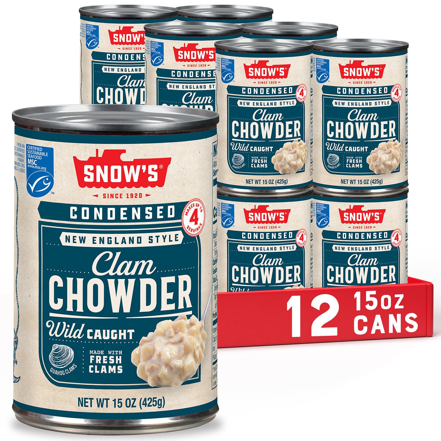Snow's Condensed New England Clam Chowder, 15 oz Cans (Pack of 12) | Authentic New England Style Soup | 4g Protein per Serving | Rich & Creamy Seafood Chowder | Perfect for Quick Lunches, Family Dinners & Cozy Winter Meals