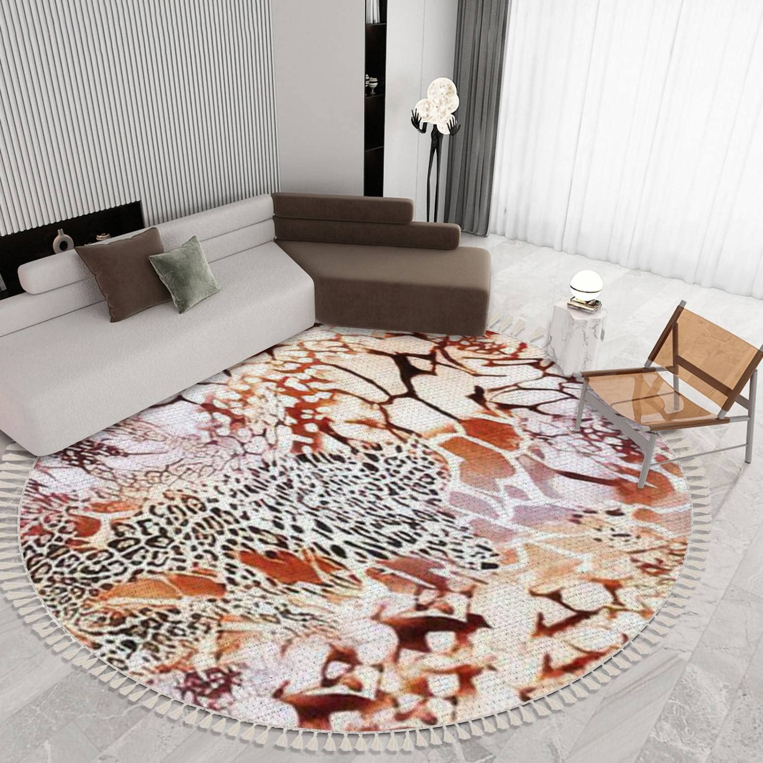 Seamless Animal Print Round Area Rugs - Leopard Giraffe Zebra Snake Woven Carpet for Boys Bedroom, Bathroom, Playroom & Outdoor Decor | Boho Minimalist Home Design (6 ft) - Perfect for Nursery, Dorm Room & Pet-Friendly Spaces