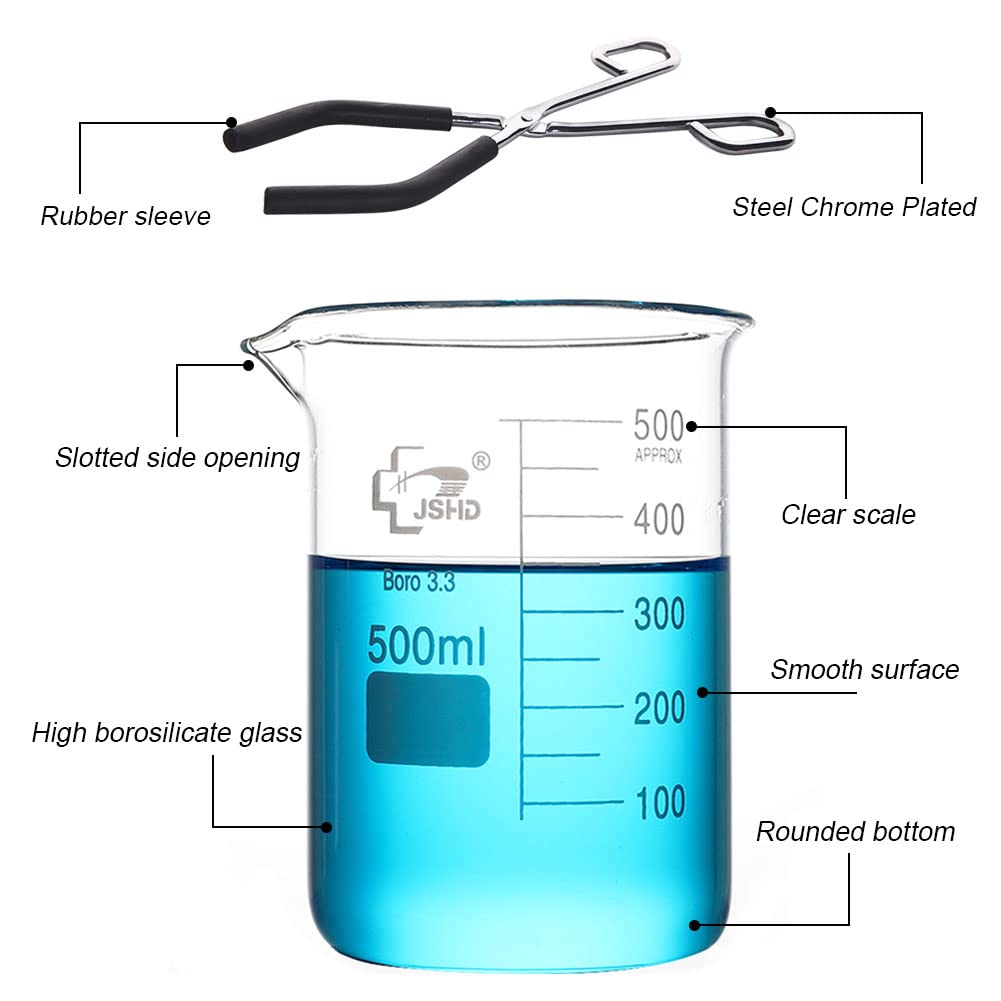 6PCS Borosilicate Glass Measuring Beaker Set (50ml 100ml 250ml 500ml 1000ml) with Steel Chromed Tongs - Lab Grade 3.3 Glass Beakers for Chemistry Experiments, Kitchen Measuring & Science Classrooms