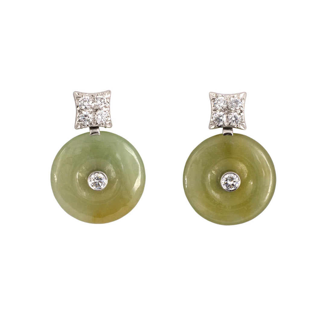 Exquisite Diamond & Green Jadeite Pi Disc Drop Earrings for Women – Elegant Dangle Jewelry for Parties, Weddings & Special Occasions