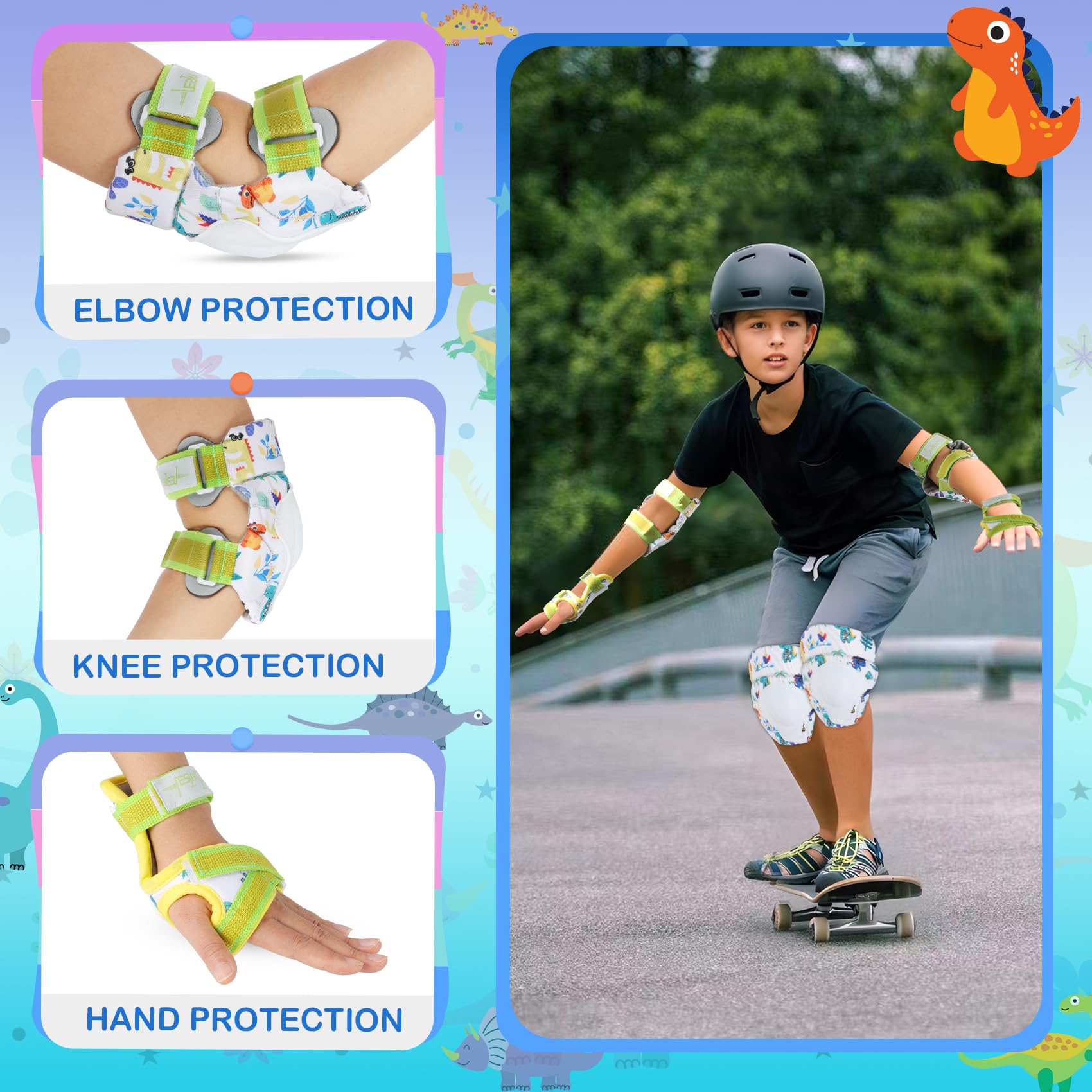**Boys Knee Pads Set - Adjustable Dinosaur Knee & Elbow Pads with Wrist Guards for Kids - Protective Gear for Roller Skating, Biking, Scooter - Includes Drawstring Bag & Dino Stickers - Perfect for Outdoor Play & Sports Safety**