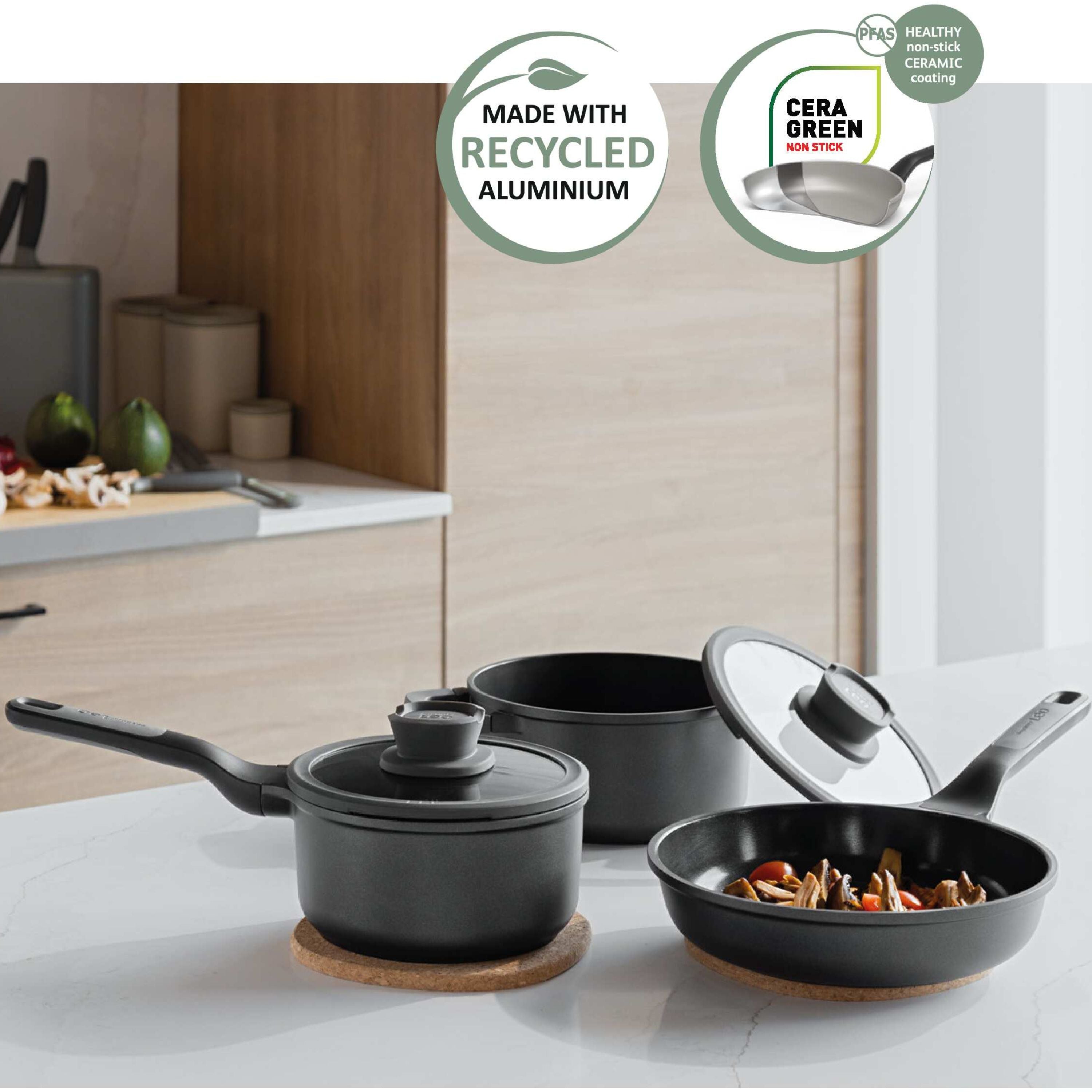 BergHOFF Leo Stone+ 5-Piece Nonstick Ceramic Cookware Set - Eco-Friendly Recycled Material - Perfect for Frying, Sautéing & Healthy Cooking