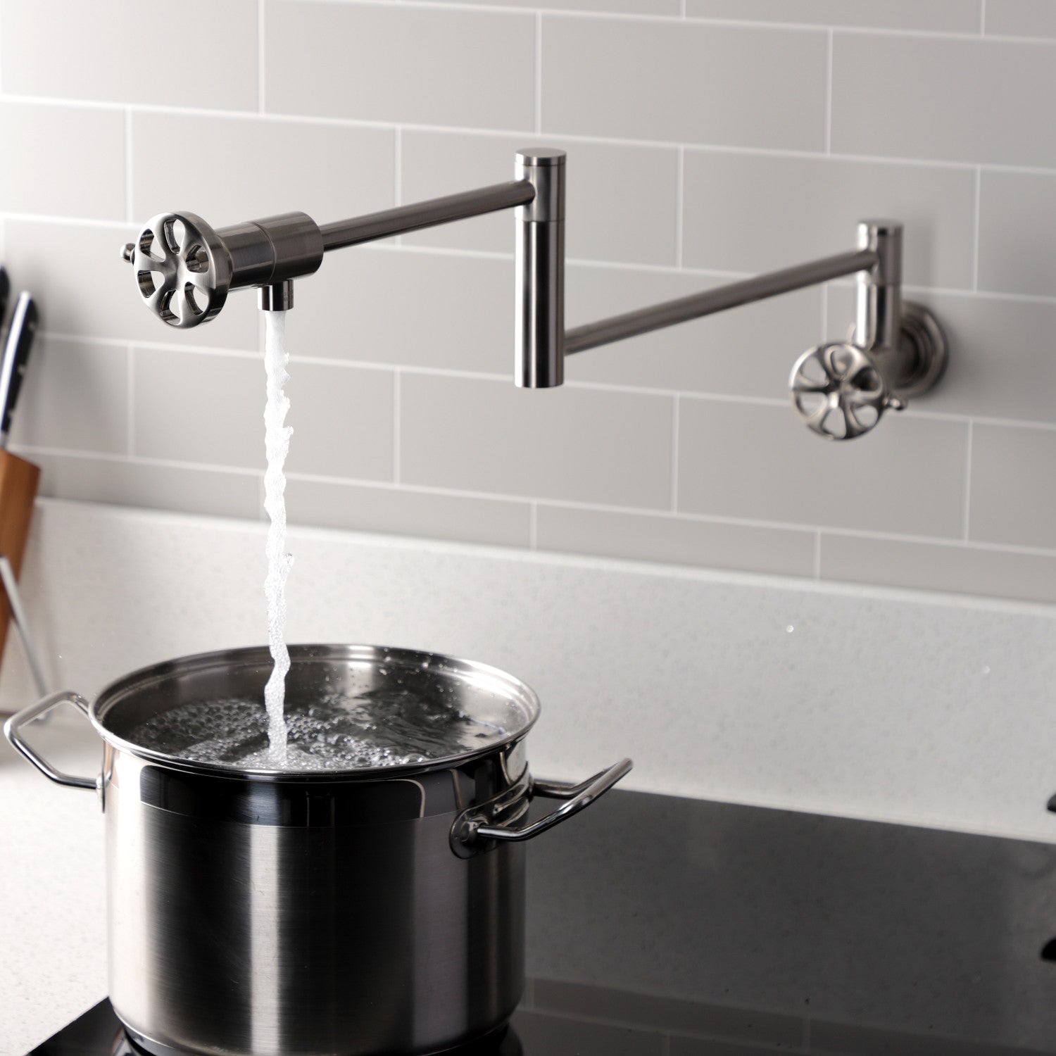 Belknap KS4108RX Brushed Nickel Two Handle Wall Mount Pot Filler Faucet - Perfect for Kitchen Sink, Stove & Cooking Area
