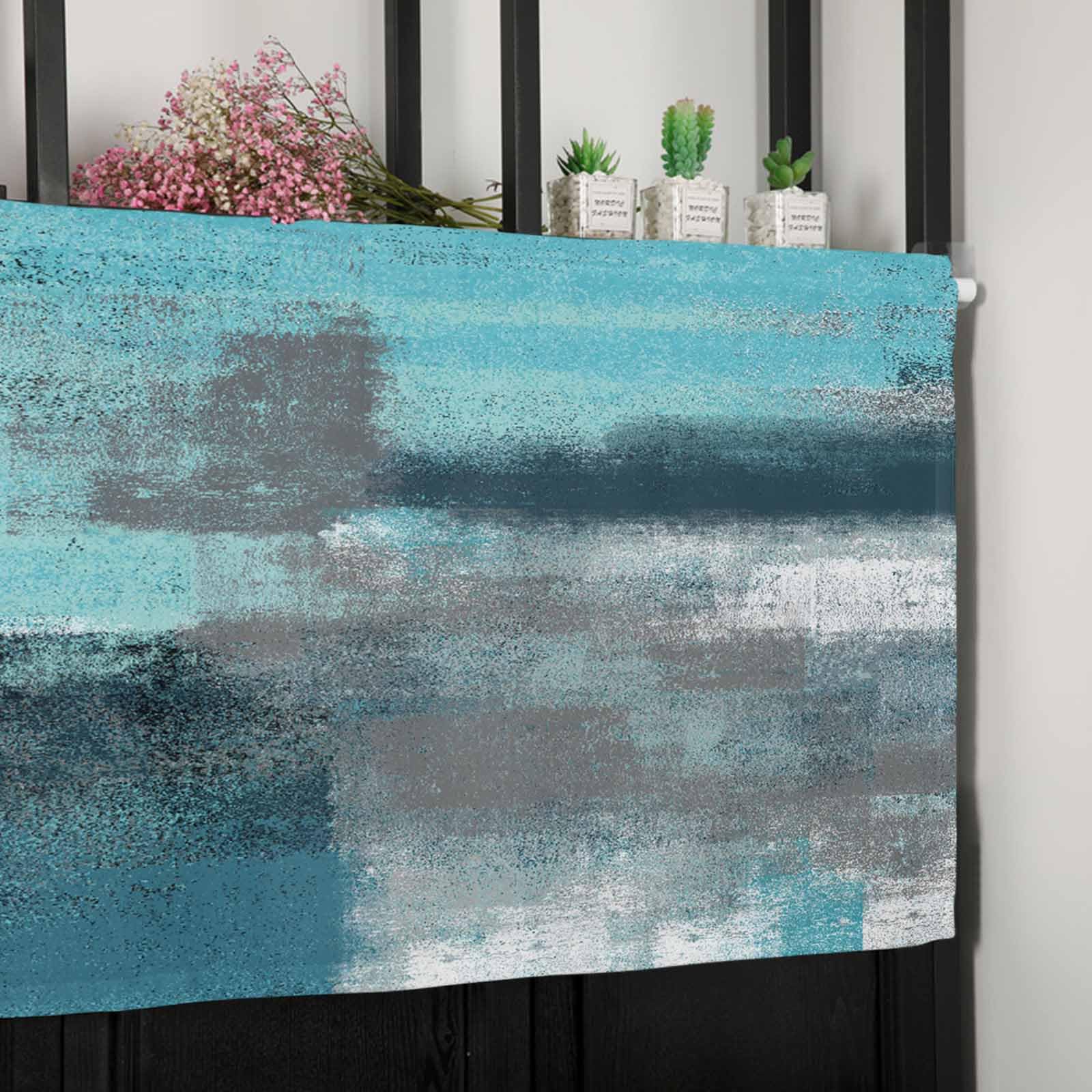 Abstract Graffiti Valance - Turquoise & Grey Art Window Treatment for Farmhouse & Bedroom Decor