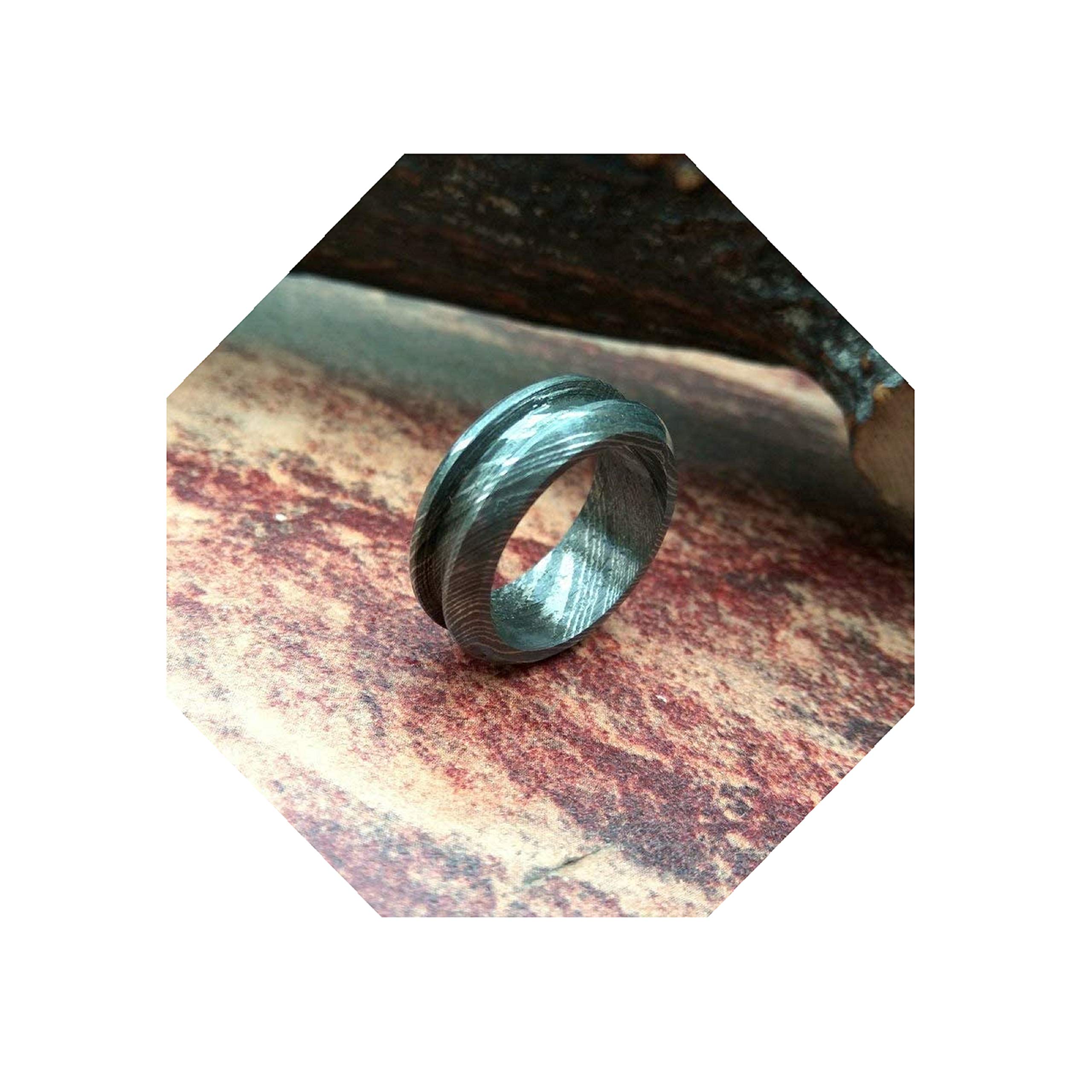 Handmade Damascus Steel Ring - Custom Engraved Wedding Band, Anniversary & Fathers Day Gift for Men - Durable & Unique Inlay Design (Color Variations May Occur) - Perfect for Proposals, Weddings & Special Occasions