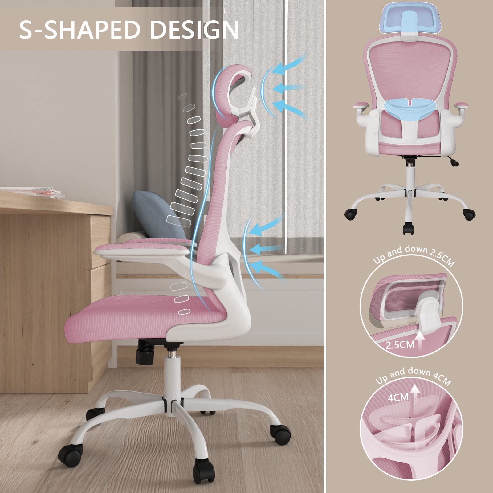 Ergonomic High Back Office Chair with Adjustable Lumbar Support & Headrest - Breathable Mesh Swivel Task Chair with Flip-Up Armrests - Perfect for Home Office, Gaming & Workspace Comfort