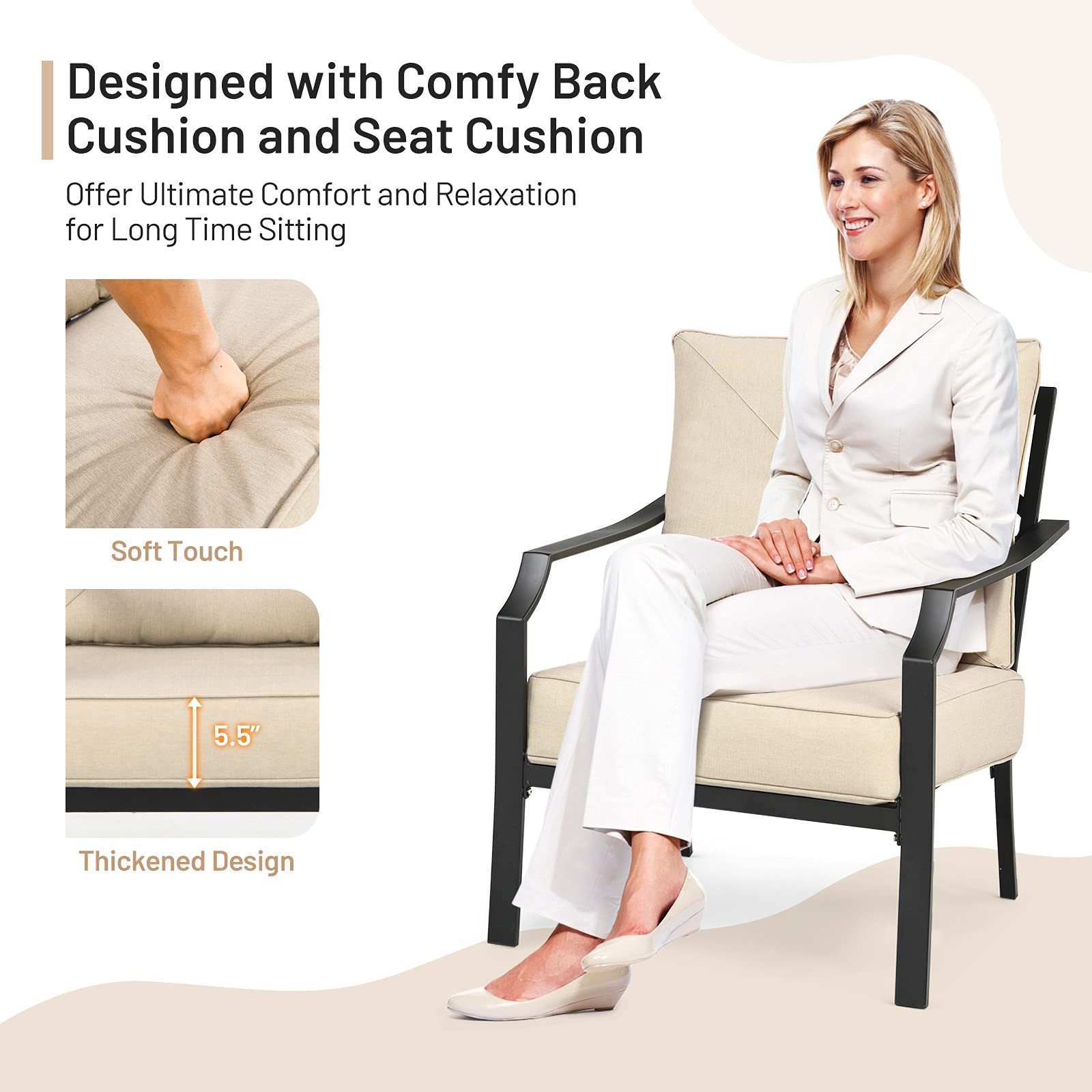Tangkula 2-Piece Outdoor Dining Chairs Set - Steel Frame Patio Bistro Armchairs with Thick Cushions for Garden, Porch, Backyard & Balcony | Weather-Resistant Beige Lounge Chairs for Relaxing & Entertaining