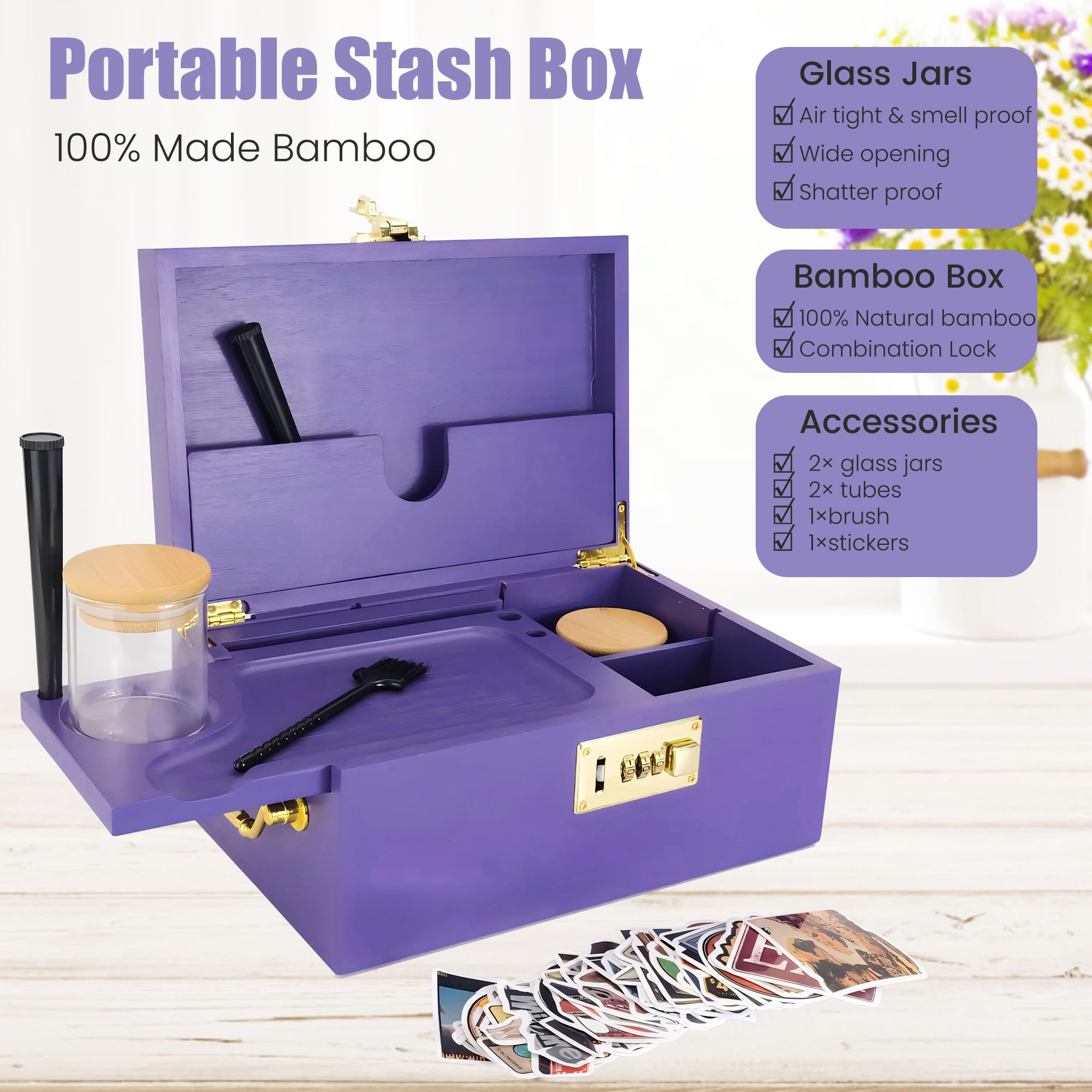 Locking Bamboo Gift Box Set with Combination Lock - Purple & Gold Decorative Storage Box with Jars, Stickers & Brushes - Perfect for Home Organization, DIY Crafts & Jewelry Storage (2024 New Design)