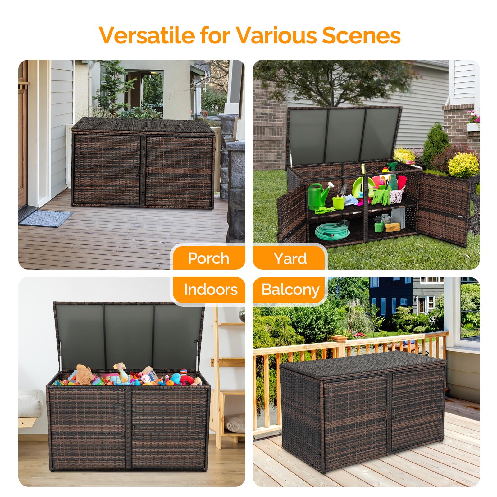 VINGLI 104 Gallon Outdoor Rattan Deck Box with Openable Doors - Waterproof Wicker Storage Container for Patio Furniture Cushions, Garden Tools, Pool Toys - Perfect for Backyard, Balcony, Porch & Poolside Storage (Brown)