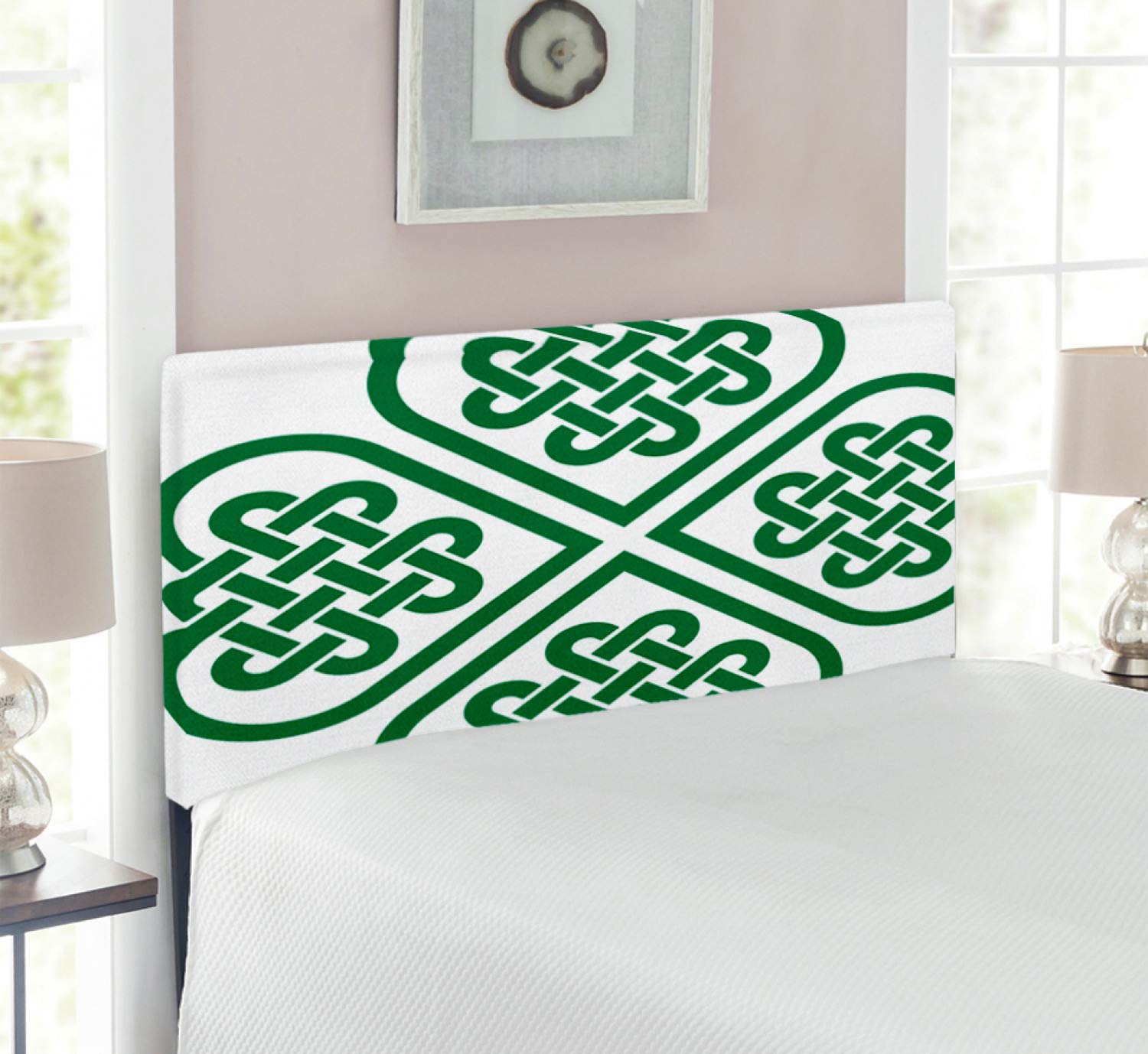Ambesonne Celtic Headboard - Monochrome 4 Leaf Clover Flower Design, Upholstered Metal Bed Frame with Memory Foam, Twin Size in Green & White | Perfect for Bedroom Decor, Guest Rooms & Irish-Themed Interiors