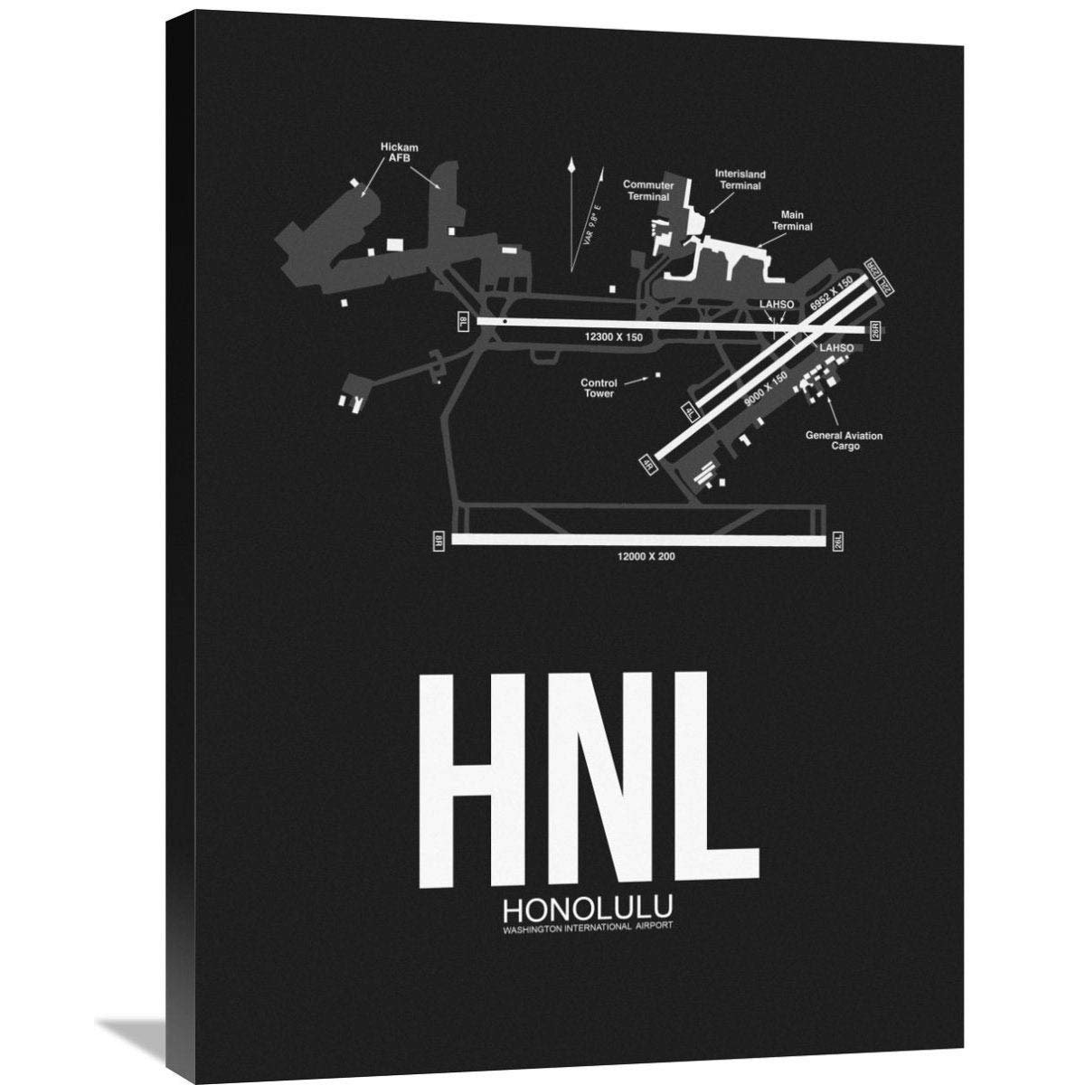 Naxart Studio 'HNL Honolulu Airport Black' Stretched Canvas Wall Art - Small Size Modern Home Decor for Living Room, Bedroom & Office