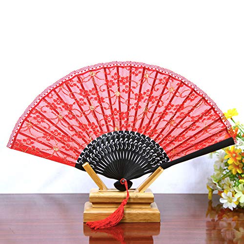 Seres Elegant Folding Fan - Handmade Bamboo Frame with Delicate Lace Fabric, 5 Beautiful Patterns (8.5 Inch) - Perfect for Weddings, Tea Ceremonies & Home Decor - Pattern 3 Red Floral Design