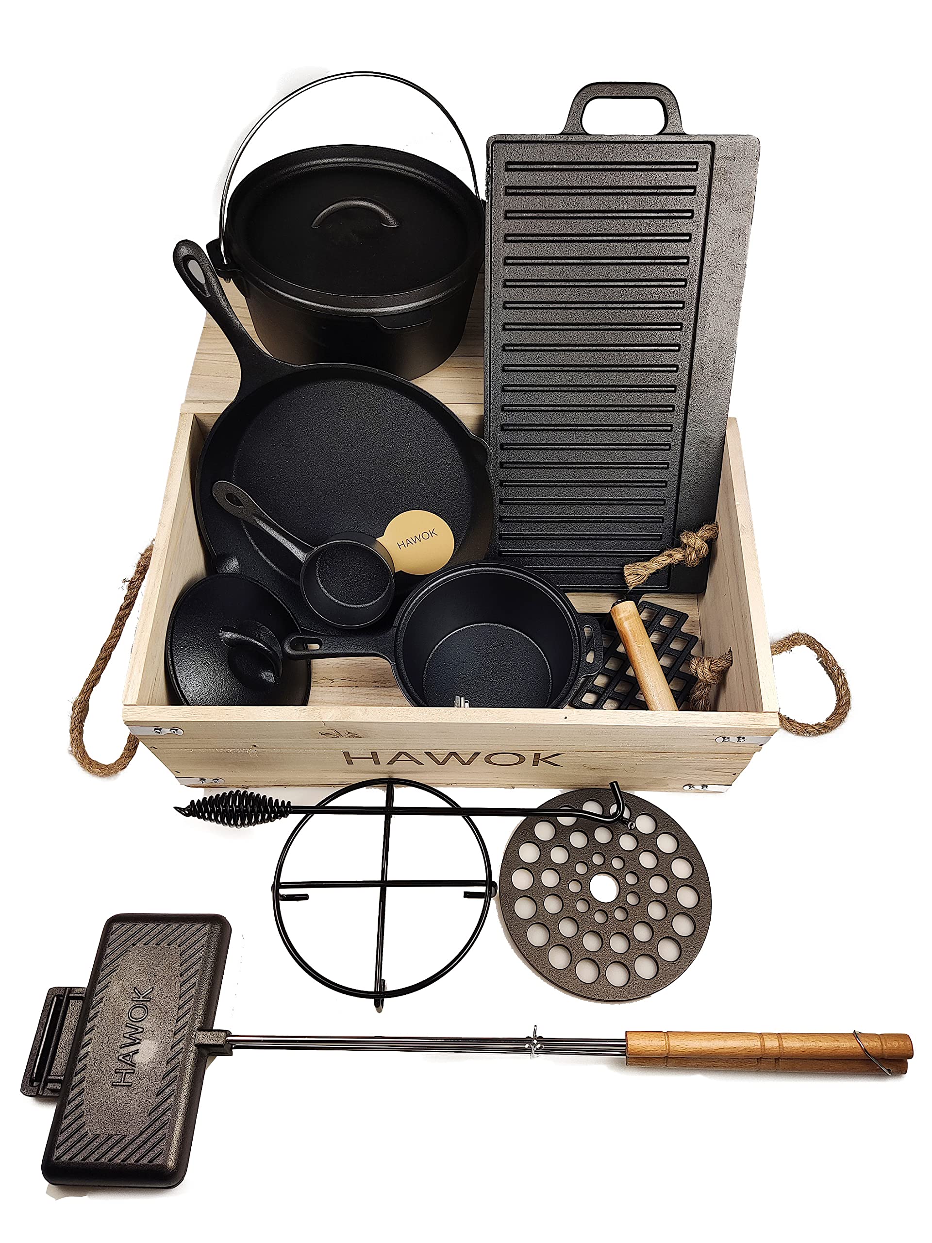 HAWOK Pre-Seasoned Cast Iron Dutch Oven Camping Cooking Set with Carrying Storage Box - Perfect for Outdoor Camping, Backpacking & RV Trips