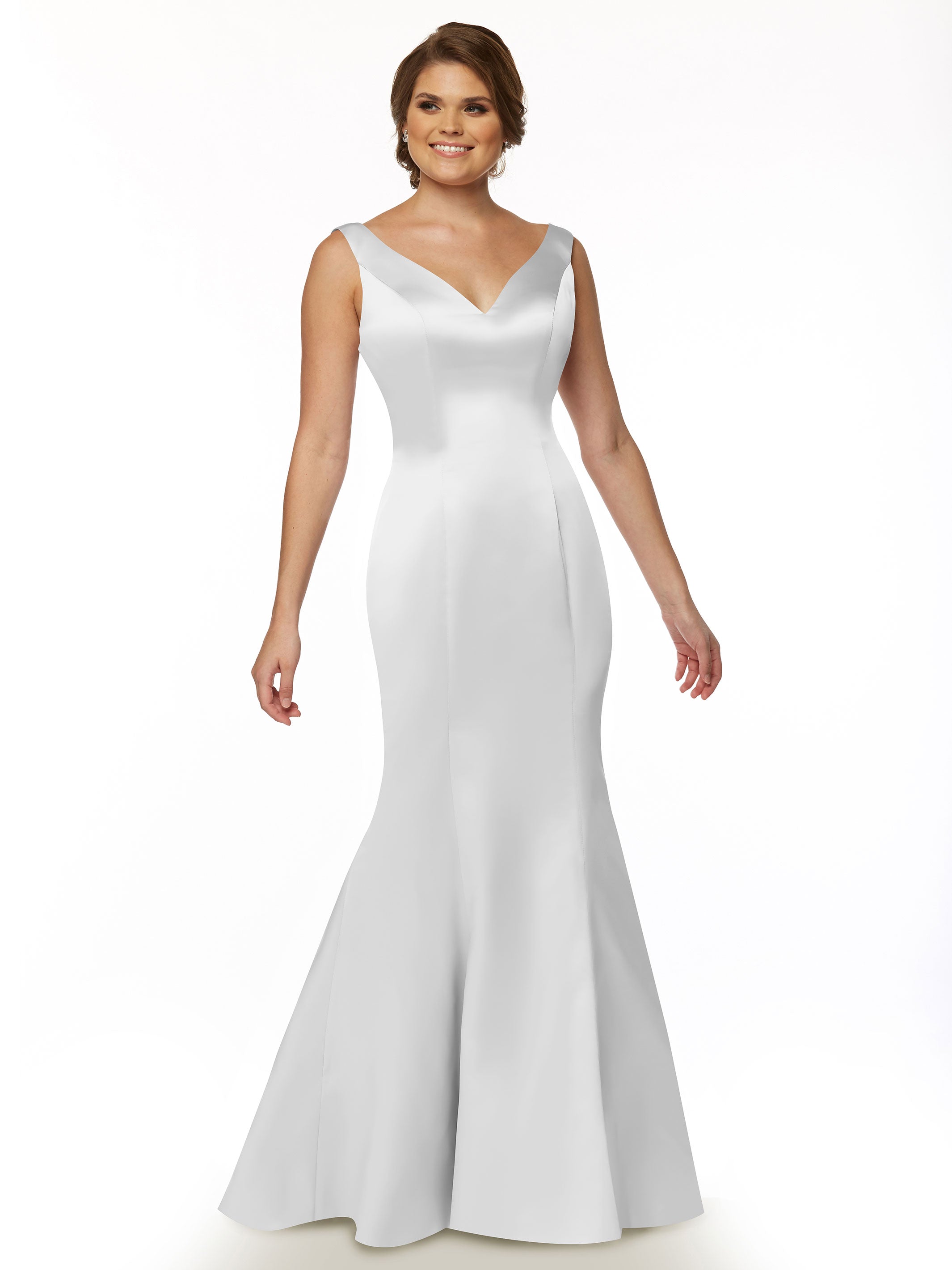 Elegant 80078 Fit and Flare Satin Bridesmaid Dress with V-Neckline & Ruffled Back - Perfect for Weddings, Proms, and Formal Events