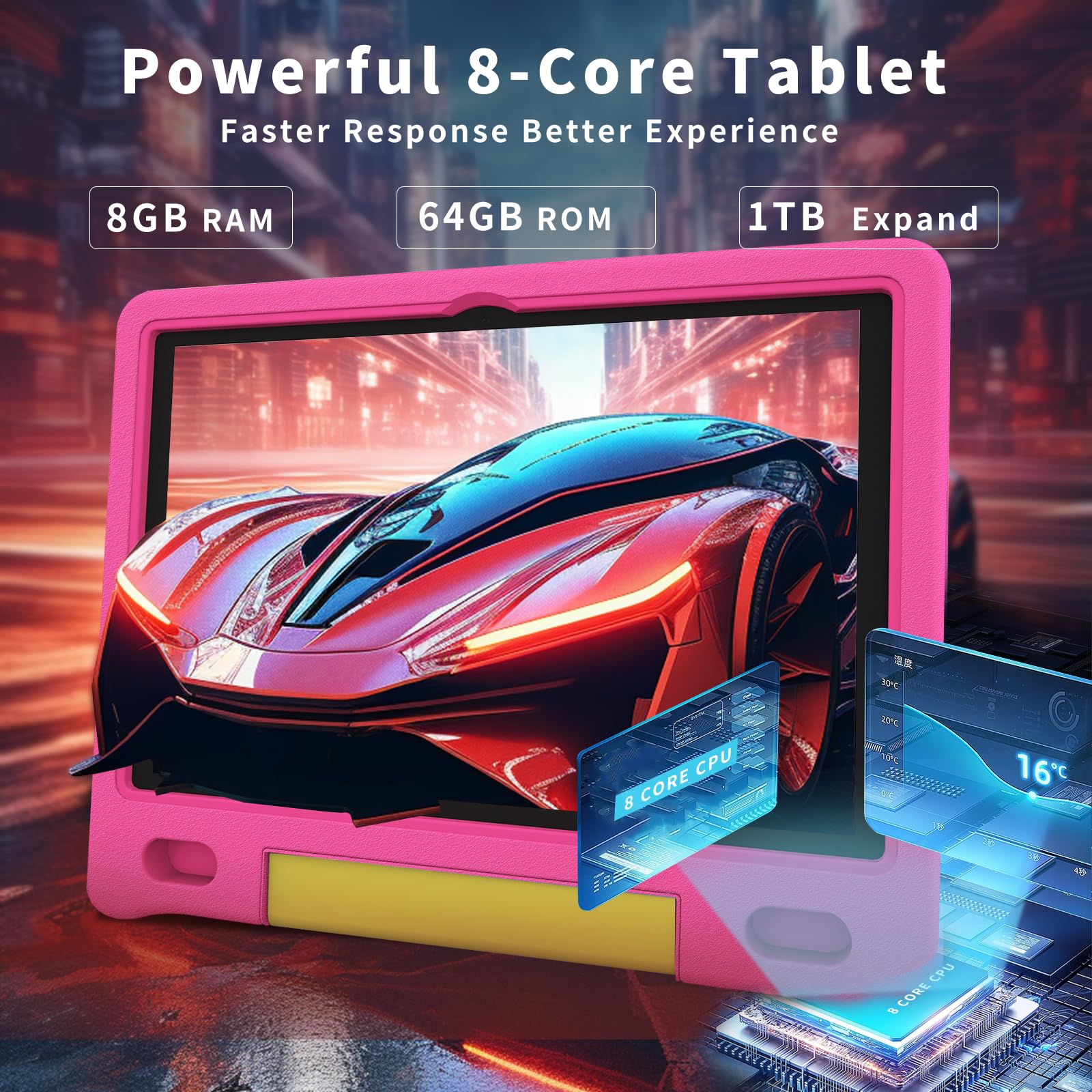 10 Inch Kids Tablet with Strap & Protective Case - Android 14 Octa-Core 64GB/1TB Expandable - Bluetooth WiFi Dual Camera 12-Hour Battery - Parental Control Toddler Learning Tablet for Home & Travel Use