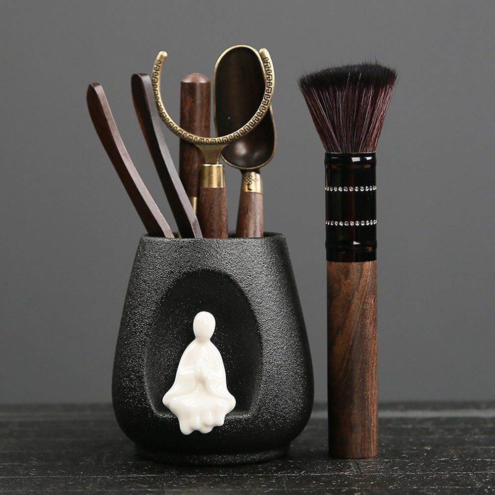Premium Zen Ebony Tea Set with Black Ceramic Holder - Traditional Japanese Tea Ceremony Accessories for Matcha & Loose Leaf Tea Brewing at Home
