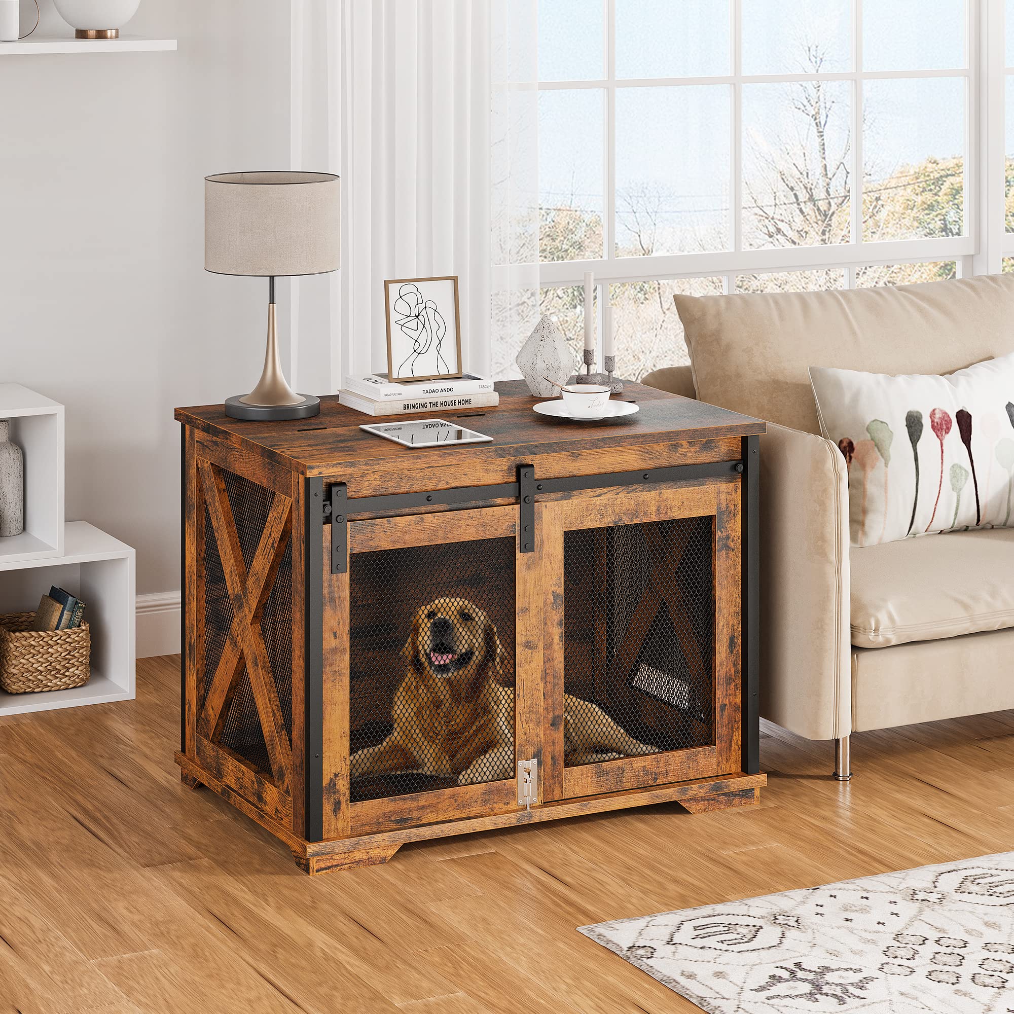 GAOMON Sliding Doors Wooden Dog Crate Furniture with End Table & Flip-Top Plate - Indoor Rustic Brown Pet Kennel for Small to Medium Dogs | Perfect for Living Room, Bedroom & Home Decor