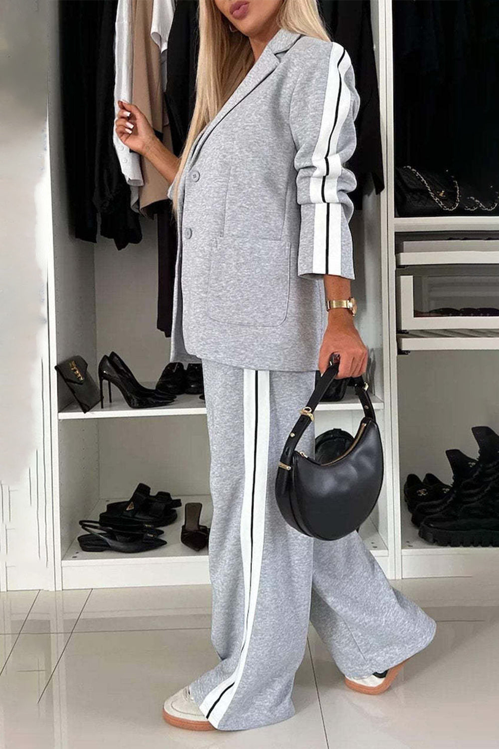 Elegant Full Size Contrast Lapel Collar Top and Pants Set for Women | Business Formal Outfit | Office Wear & Professional Attire