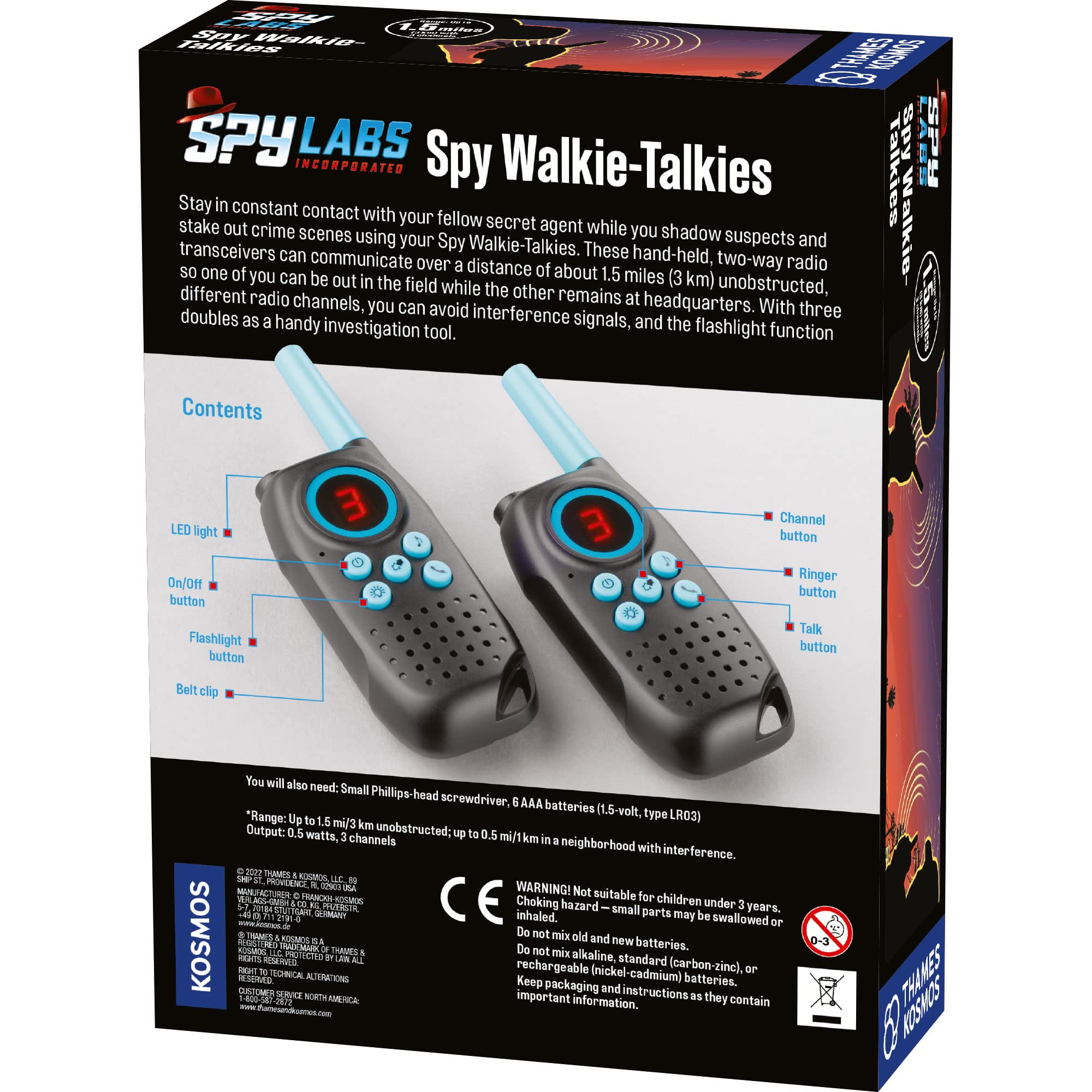 Thames & Kosmos Spy Walkie Talkies for Kids - 2 Pack Handheld Two-Way Radios with Flashlight | 3 Channels, 1.5 Mile Range | Detective Gear for Outdoor Adventures, Spy Games & Secret Missions
