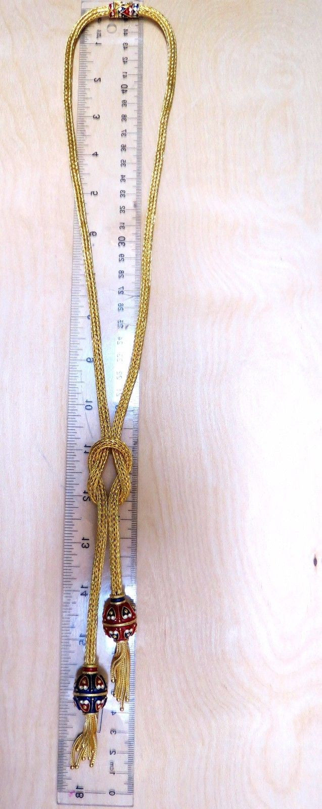 18K Gold Sailor's Knot Enamel Weave Necklace - Long Bolo Tassel Pendant - 132g Vintage Deco Jewelry - Perfect for Beach Weddings, Boho Fashion & Gift Giving