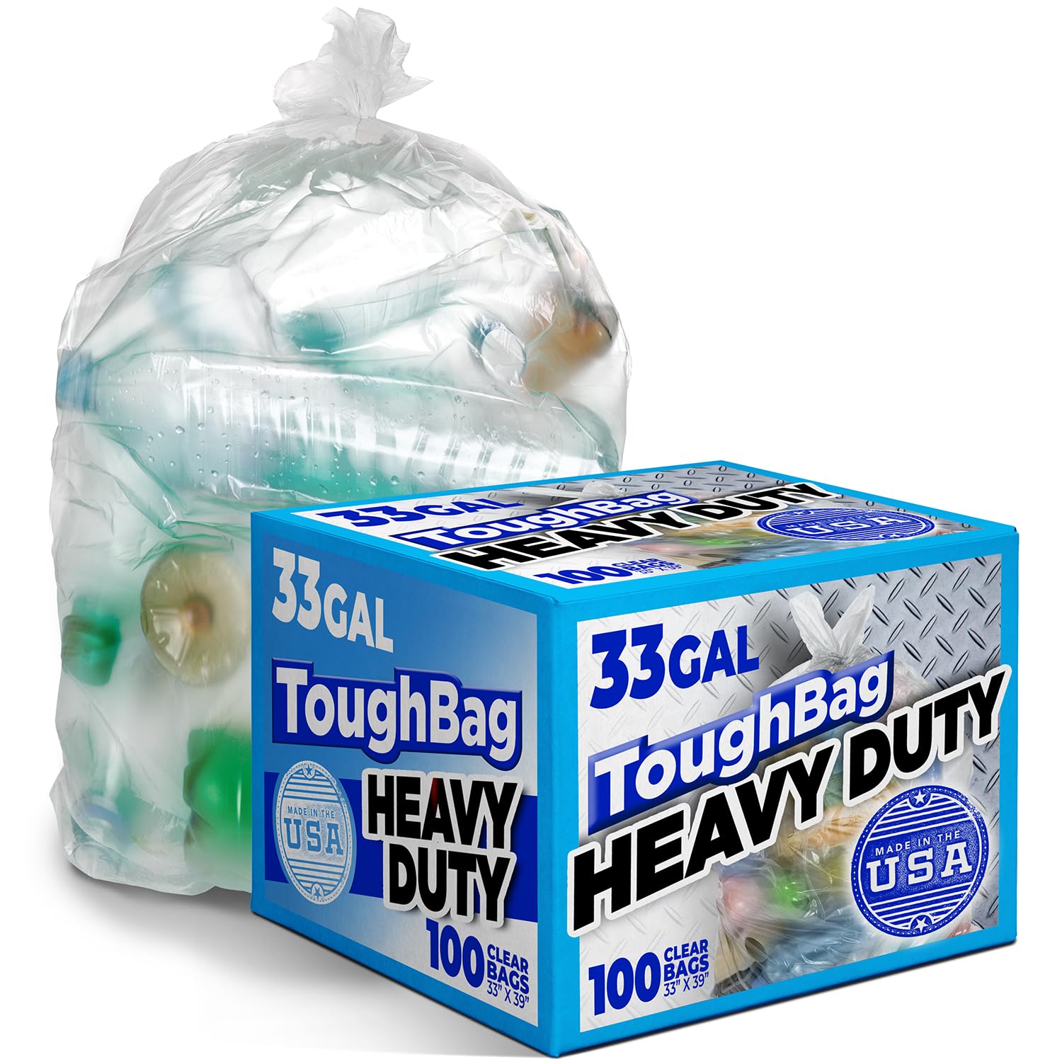 ToughBag 30-33 Gallon Clear Trash Bags (100 Count) - Heavy Duty Recycling Bags, Garbage Can Liners - Made in USA - Perfect for Kitchen, Office & Outdoor Waste Disposal