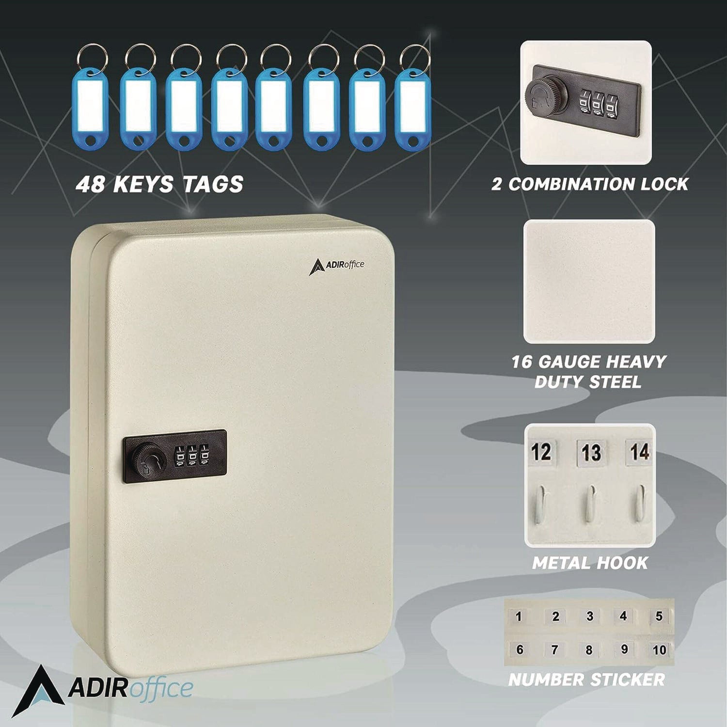 AdirOffice Heavy Duty 48-Key Steel Key Cabinet with Combination Lock - 7.1 x 3 x 10 Inches, Stainless Steel 304, White | Secure Key Storage for Offices, Schools, Hotels & Home Use