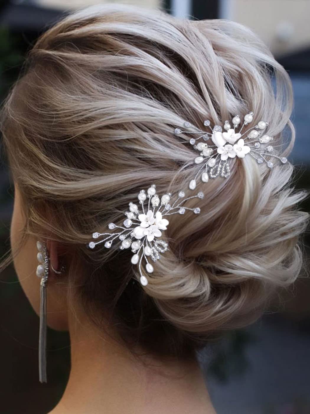 Silver Pearl Bridal Hair Pins - Crystal Rhinestone Hair Clips for Wedding & Party (2 Pack)