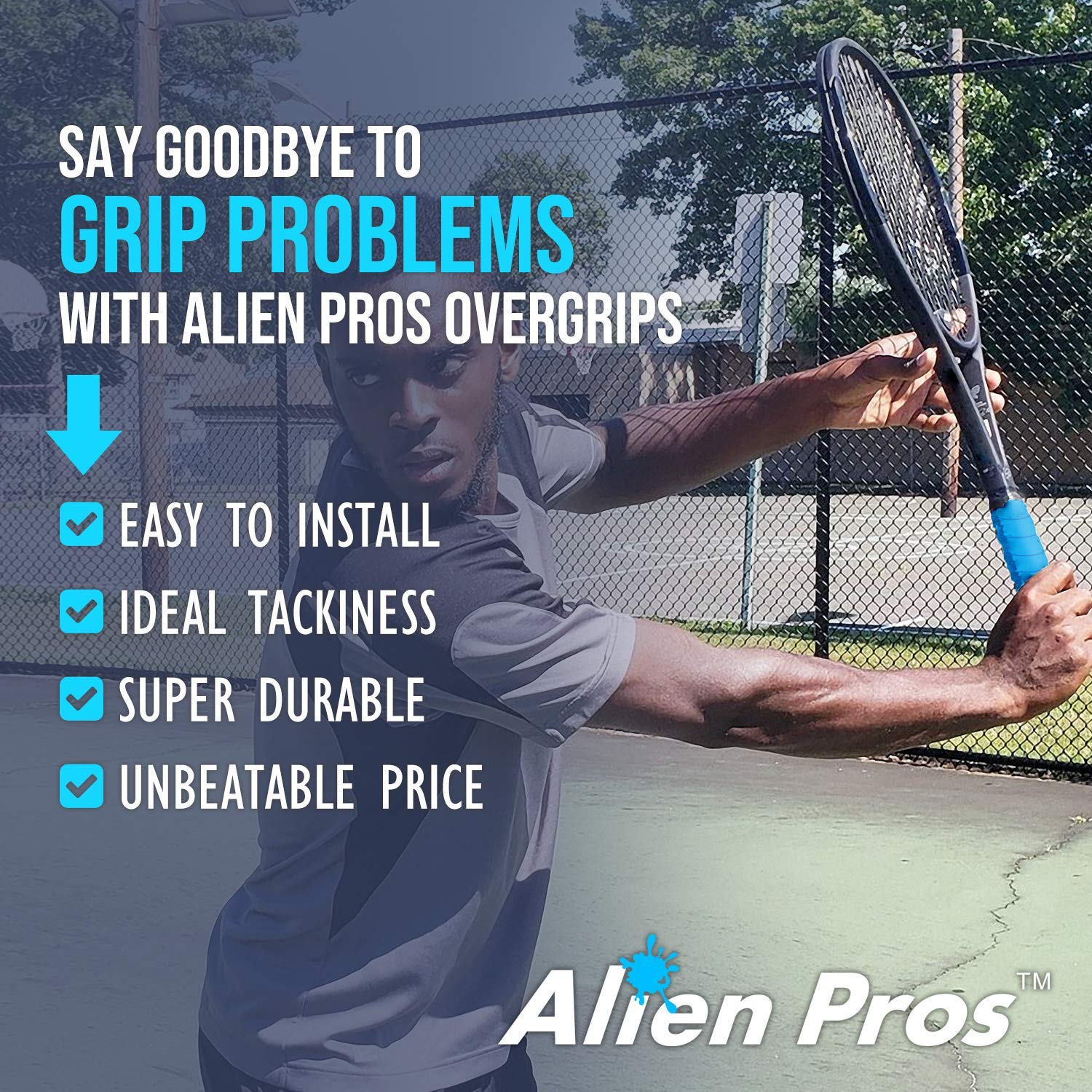 ALIEN PROS 18 Pack Blue Tennis Racket Grip Tape – Precut, Light Tac Feel, Durable Tennis Grip for Enhanced Performance on Court