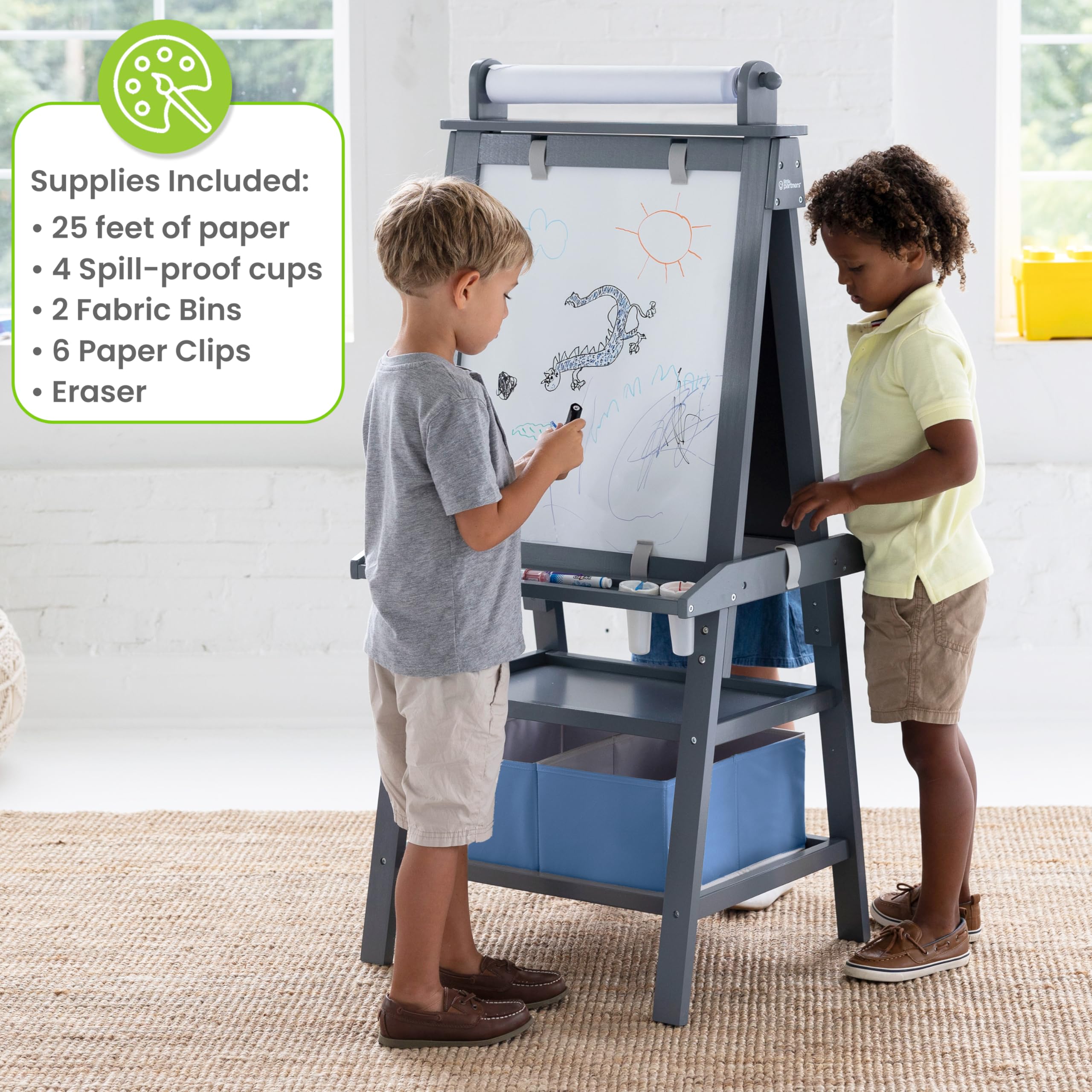 Little Partners Deluxe Learn 'N Play Toddler Easel for Kids - 2-Sided Art Center with Chalkboard & Magnetic Whiteboard | Paper Feed, Storage Bins & Paint Cups | Perfect for Home, Preschool & Daycare (Earl Grey)