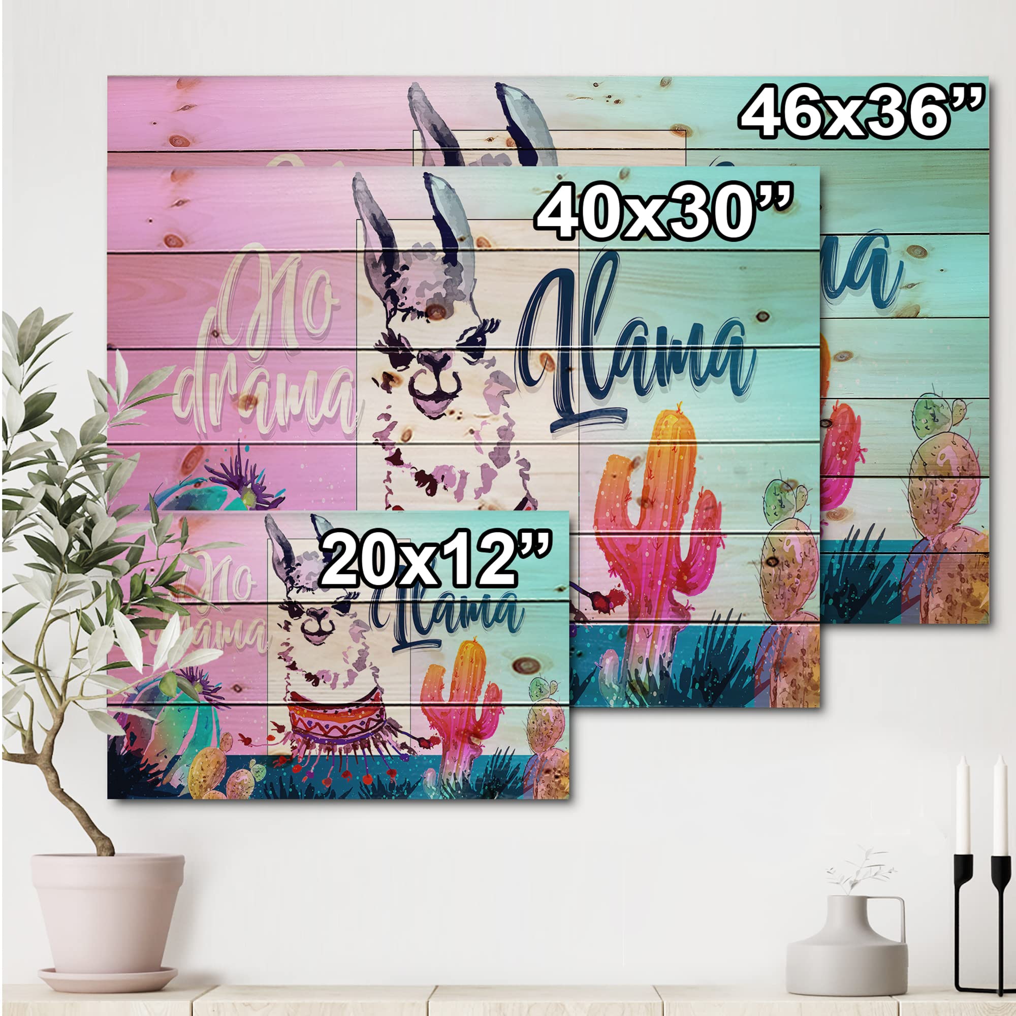 No Drama Llama Wood Wall Art for Kids - Pink Animal Decor, Large Printed Pine Wood Panel - Perfect for Nursery, Playroom & Children's Bedroom Decor