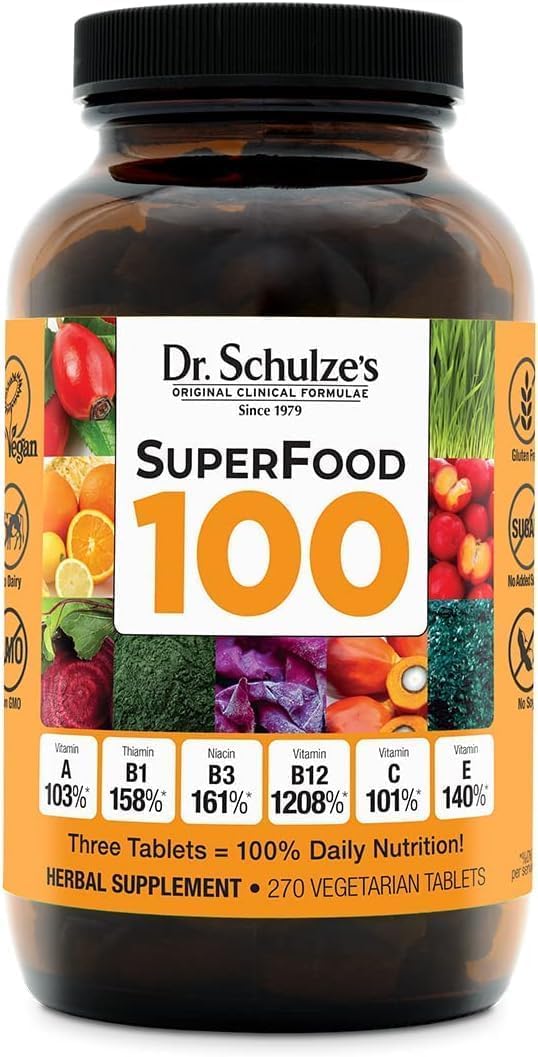 Dr. Schulze's Superfood 100 | Organic Vegan Multivitamin Supplement with Herbal Concentrate | 270 Tablets for Daily Nutrition & Energy Boost | Gluten-Free, Non-GMO | Perfect for Active Lifestyles & Wellness Routines