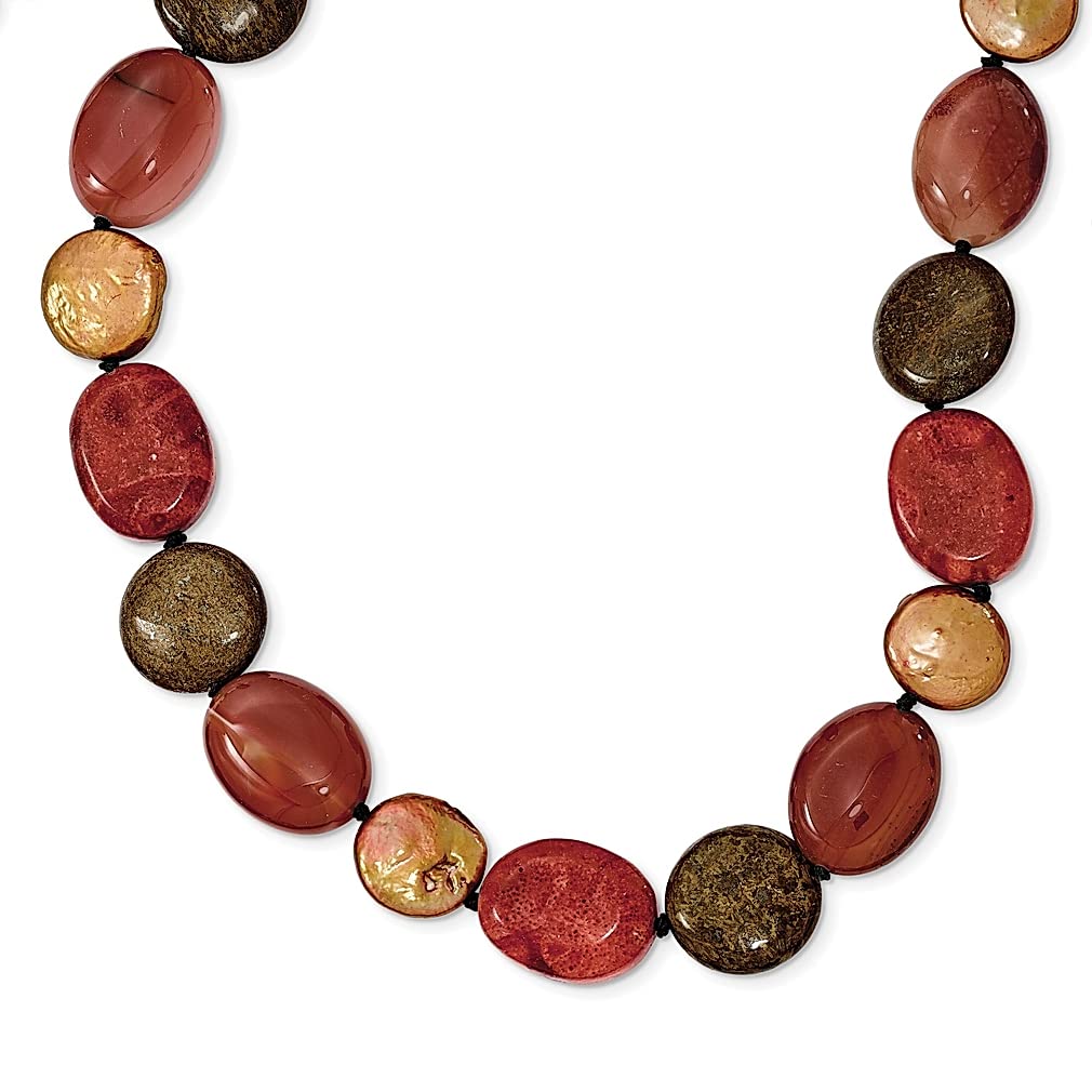925 Sterling Silver Necklace with Tiger Eye, Carnelian, Coral & Freshwater Pearl Pendant - Natural Stone Wood Charm Jewelry for Women | Perfect Gift for Her, Birthday, Anniversary & Special Occasions