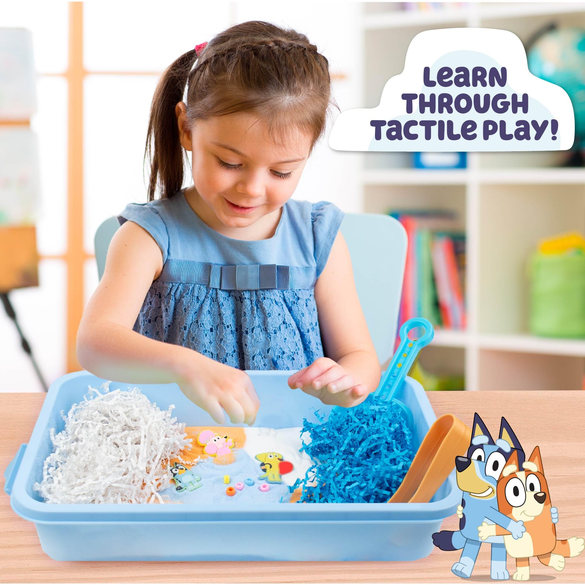 Official Bluey Seek & Find Sensory Bin - Ready-to-Use Sensory Toys for Kids Ages 3-4 with Lid, Play Sand, Scoops & Tongs | Exclusive Bluey Character Toys | Perfect for Preschool Learning, Fine Motor Skills Development & Sensory Play Activities at Home or Classroom