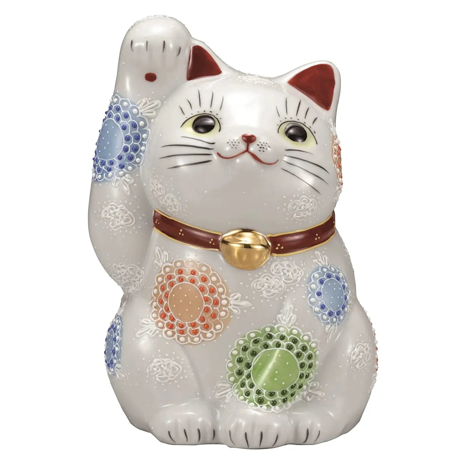 Authentic Japanese Kutani Ware Porcelain Maneki Neko Lucky Cat Figurine with Floral Design - White 7-Inch Collectible for Home Decor, Office Feng Shui & Gift Giving