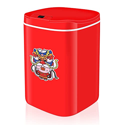 Smart Automatic Sensor Trash Can - 14L Touchless Kitchen Garbage Bin with Motion Sensor for Office, Bedroom, Bathroom & Living Room | Hygienic Hands-Free Waste Disposal (Red Pattern Design) - Perfect for Modern Homes & Workspaces