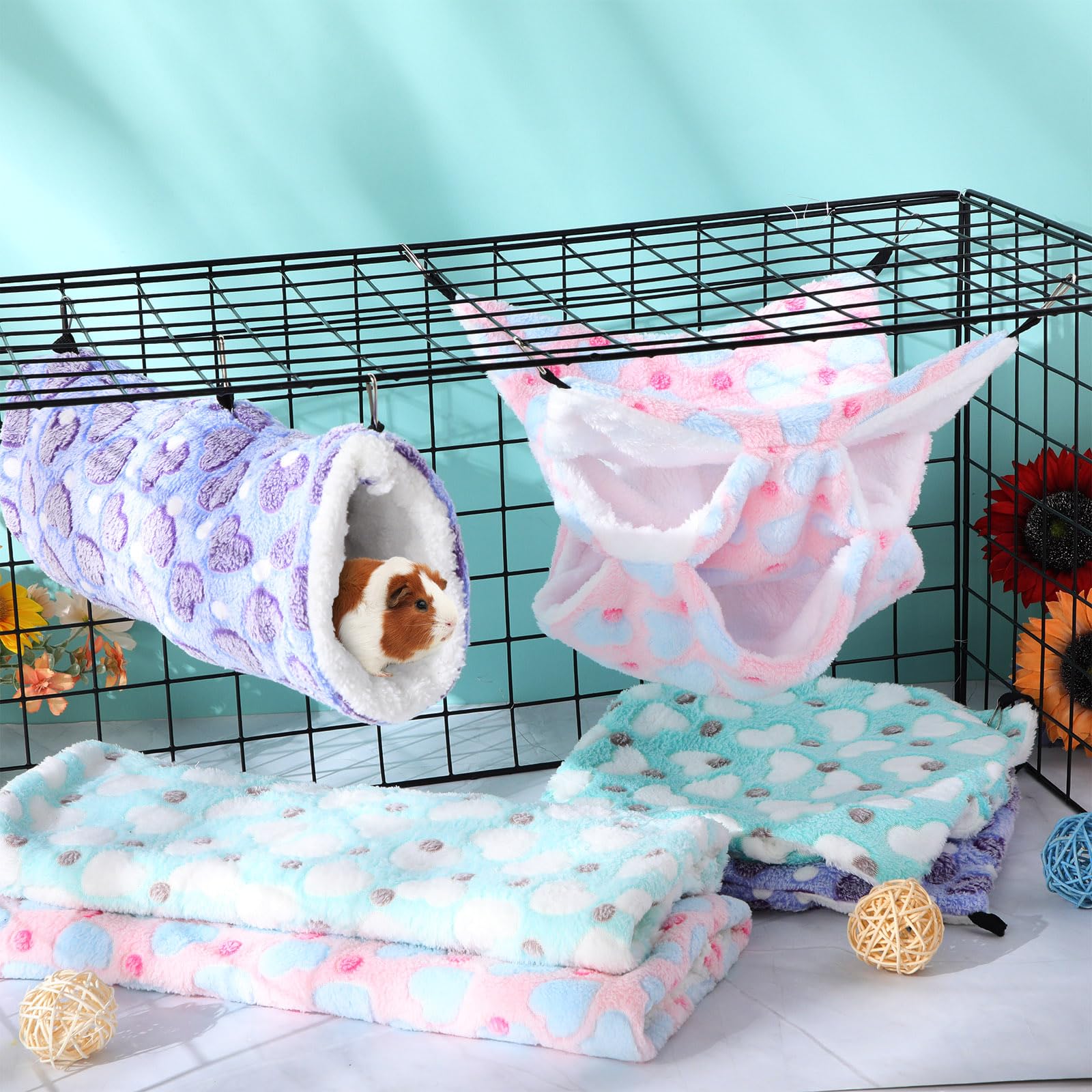 Sweetude 6-Piece Rat Hammocks Set - Ferret Hanging Tunnel & Sugar Glider Toy - Small Animal Hideout Bed for Cage - Guinea Pig & Hamster Accessories - Cozy Pet Bed for Rats, Ferrets, Guinea Pigs (Lovely Design) - Perfect for Small Animal Playtime & Cage Enrichment