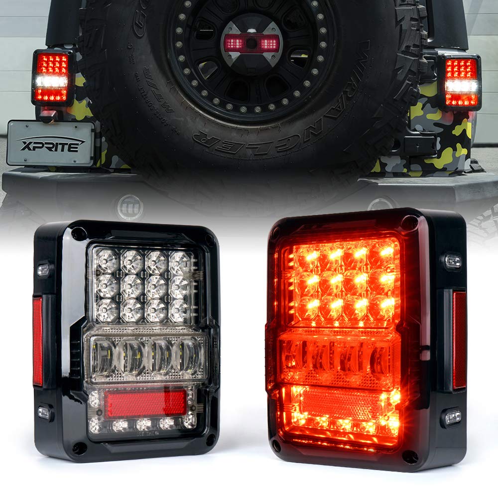 Xprite LED Tail Lights for Jeep Wrangler JK JKU Rubicon Sahara Sport 2007-2018 - DOT Approved 4D Clear Lens Brake Turn Signal & Reverse Lights with Accessories - Perfect for Off-Roading, Night Driving & Custom Jeep Upgrades