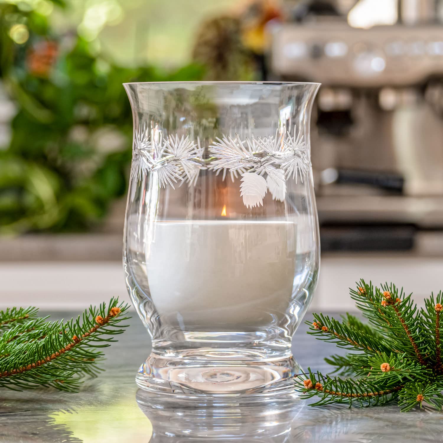 ICY Pine Glass Hurricane Candle Holder - 8 Inch Engraved Hurricane Vase for Pillar Candles & Flowers - Lead-Free Diamond-Wheel Engraved Glass - Perfect for Weddings, Home Decor, and Romantic Dinners