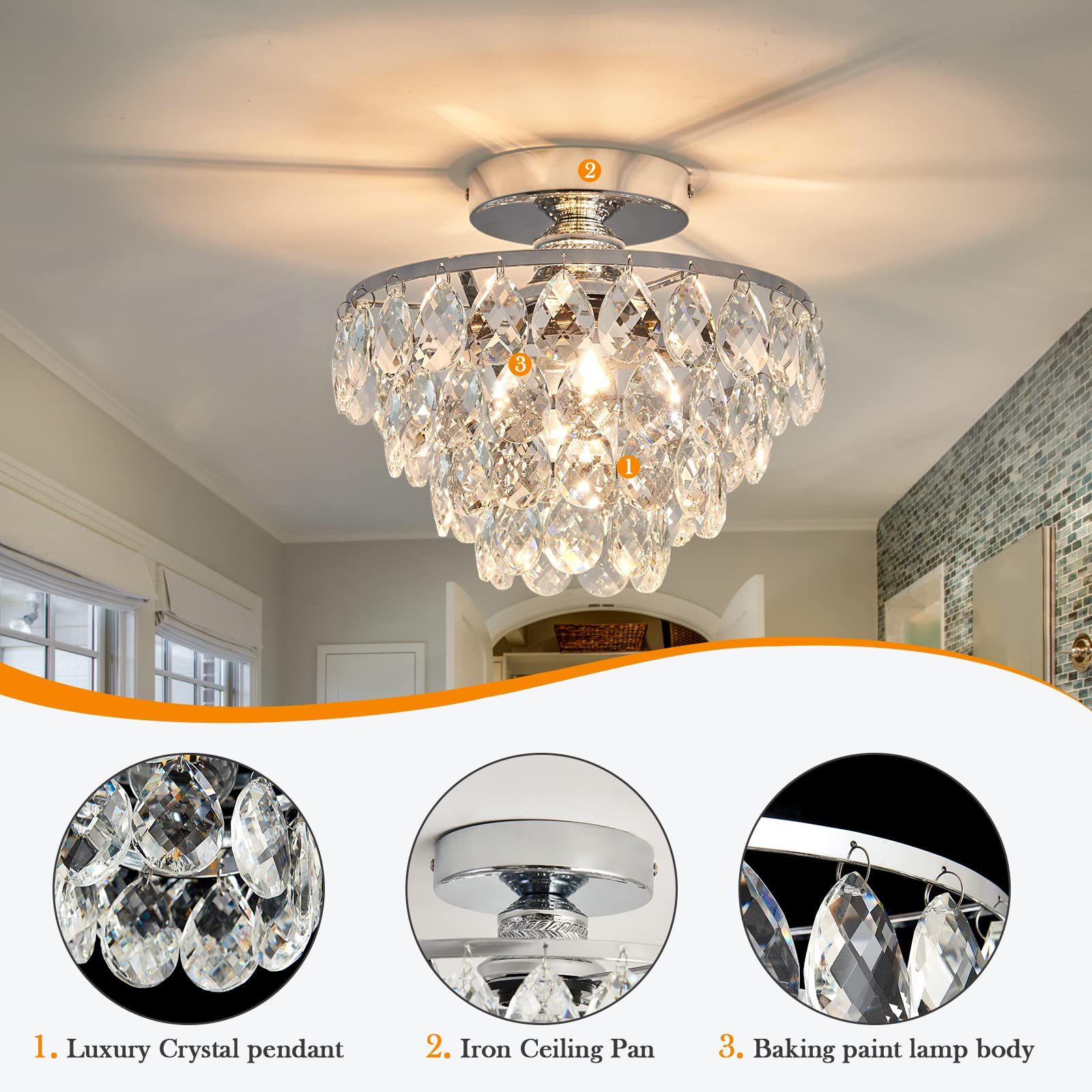 Modern E26 Small Crystal Chandelier - Silver Semi-Flush Mount Ceiling Light Fixture for Hallway, Bedroom, Bathroom, Closet & Foyer | Elegant Lighting for Home Decor & Interior Design (Chrome)