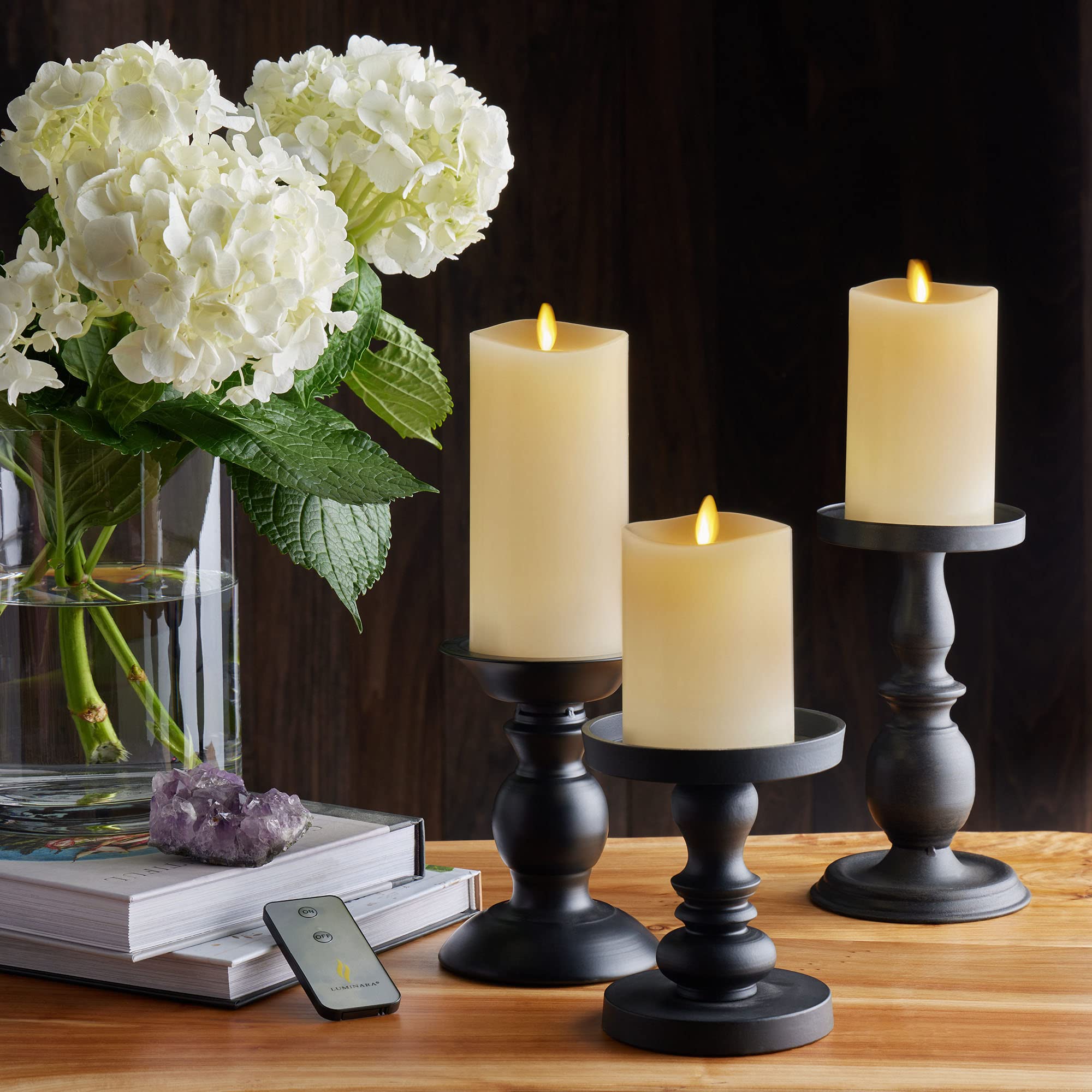 Luminara Realistic Flameless LED Candles - Set of 3 Ivory Pillar Candles with Remote Control, Moving Flame Effect, Timer & Melted Wax Design | Battery Operated, Safe for Home Decor, Weddings, Dining & Relaxation