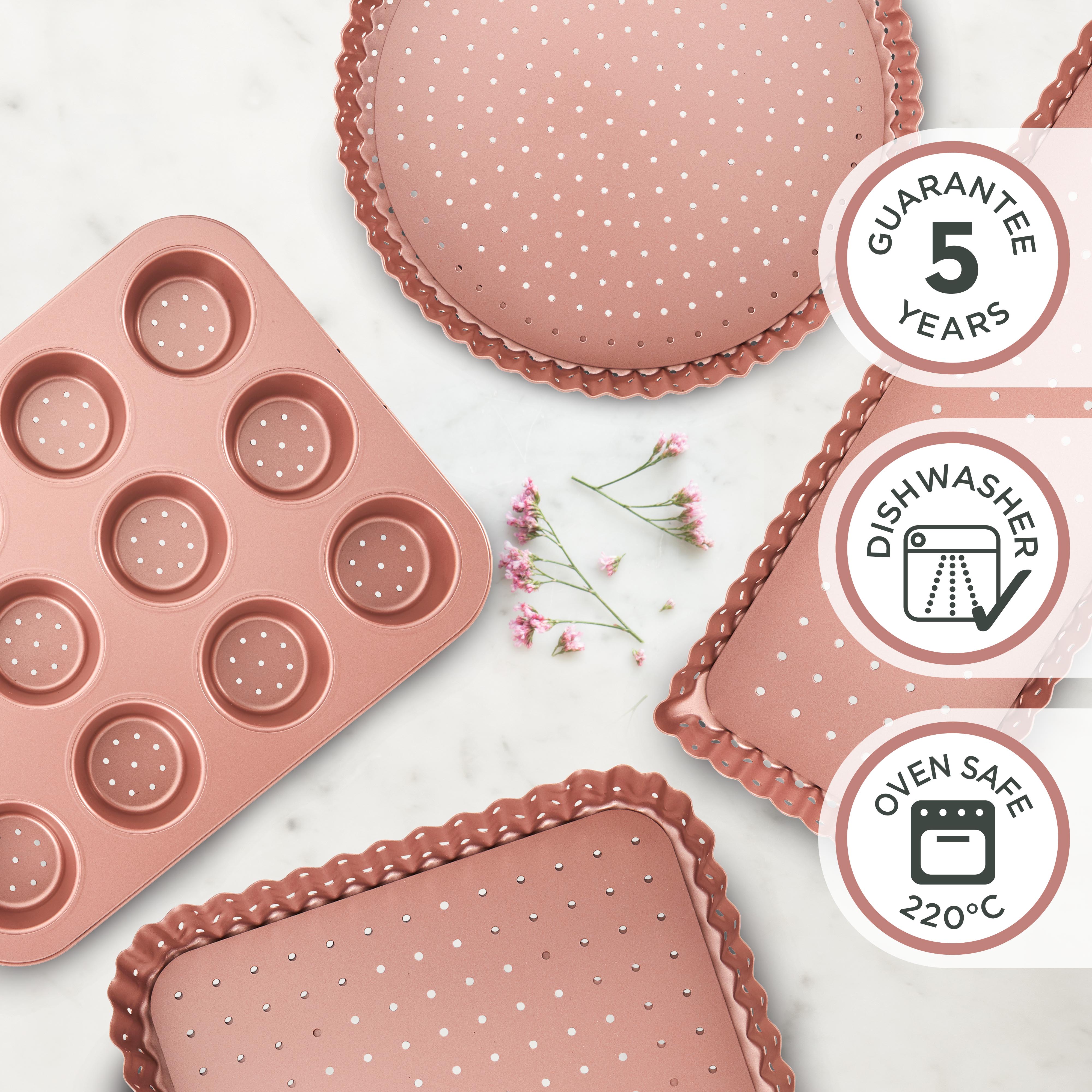 Rose Gold Perforated Mini Quiche & Tart Pan - 12 Cup Non-Stick Baking Mold for Perfect Pastries | Ideal for Parties, Desserts & Holiday Baking