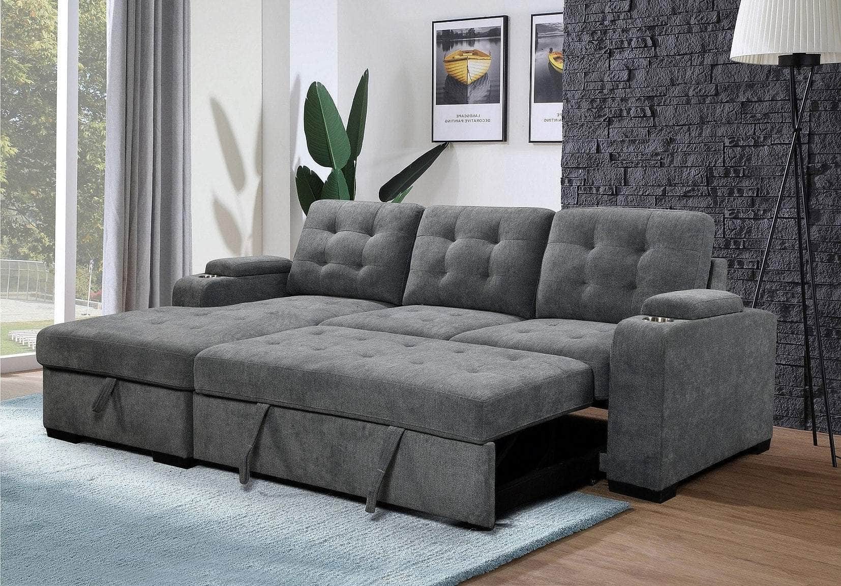 Sunnybrook Sleeper Sectional Sofa Bed with Cupholders & Storage Chaise - Grey Convertible Couch for Small Spaces | 2 Configurations Available | Perfect for Guest Rooms, Apartments & Home Theaters