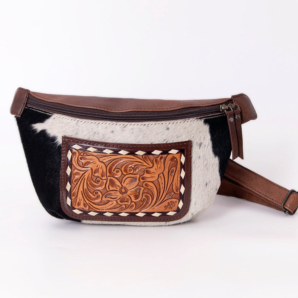 ADBG1110 Genuine Leather Women's Western Fanny Pack - Hand-Tooled Hair-On Cowhide Crossbody Purse for Outdoor, Travel & Festival Use