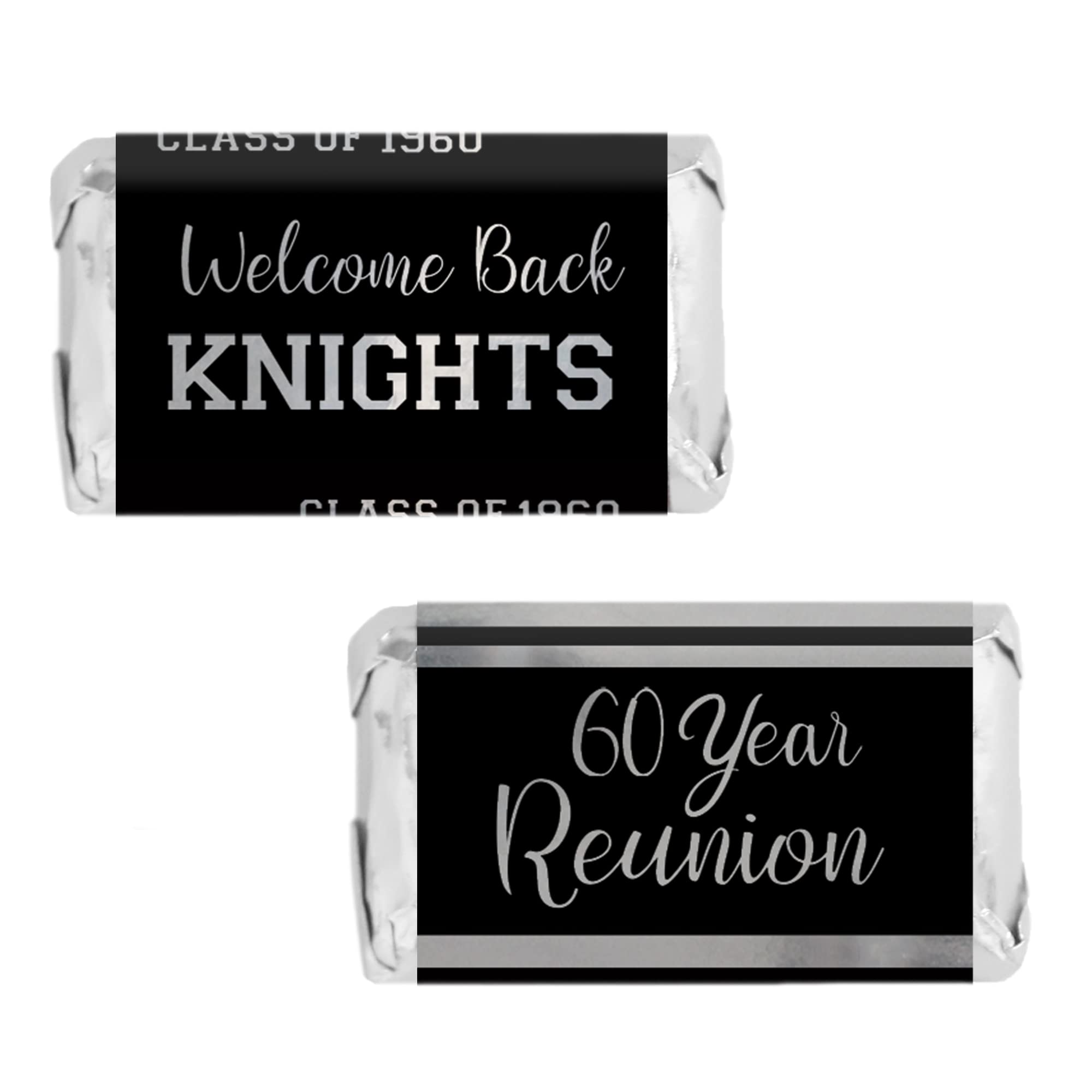 Personalized Class Reunion Mini Candy Bar Wrappers - 45 Silver Foil Stickers for Party Favors, School Events & Anniversary Celebrations