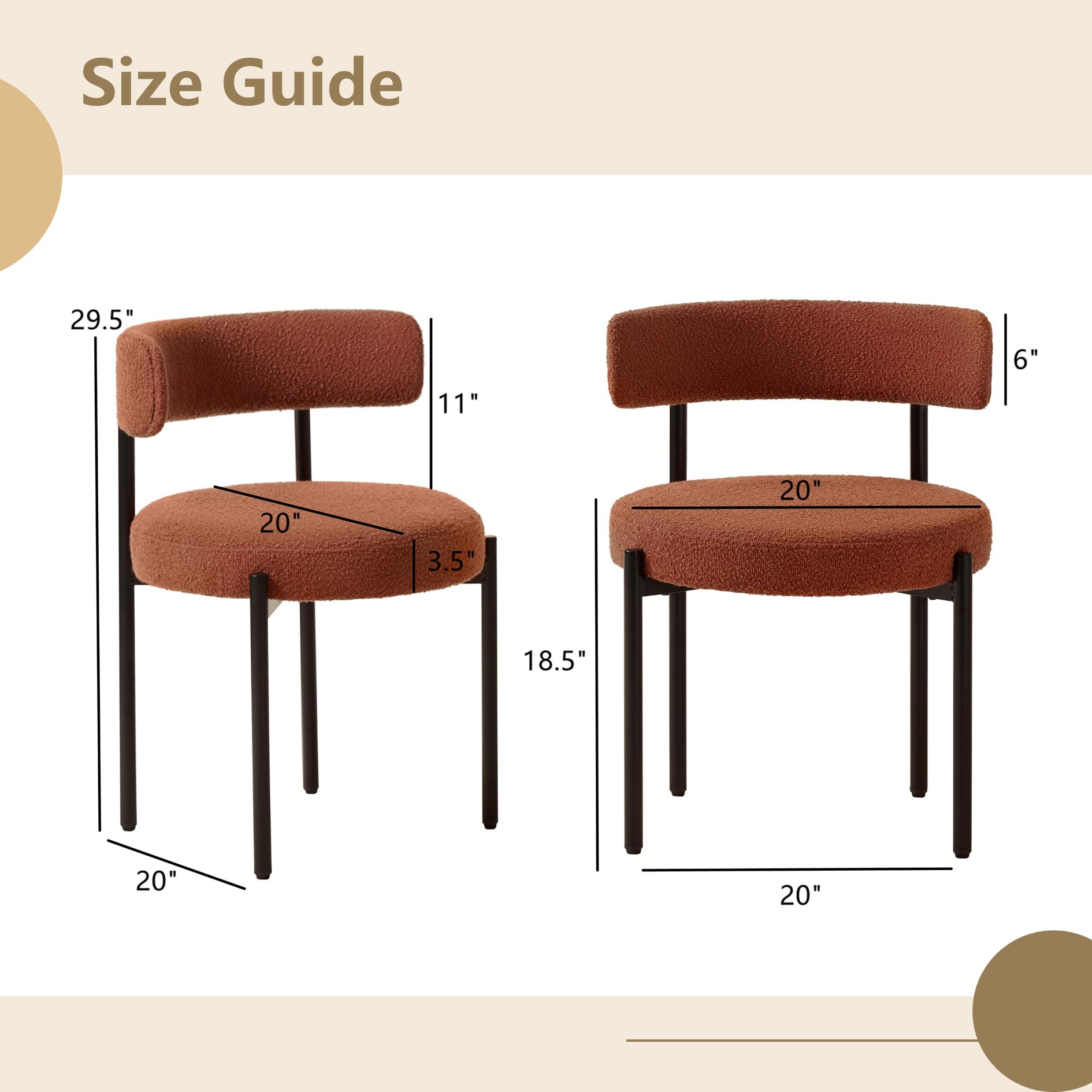 Rust Dining Chairs Set of 4 - Mid-Century Modern Upholstered Boucle Kitchen & Dining Room Chairs with Black Metal Legs - Perfect for Farmhouse, Contemporary & Small Space Dining Areas